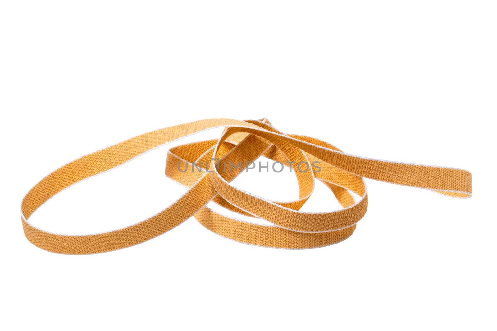 Roller shutter belt isolated. Close-up of a yellow hard-wearing and tear-resistant, sturdy webbing for roller shutters an blinds. Clipping path.