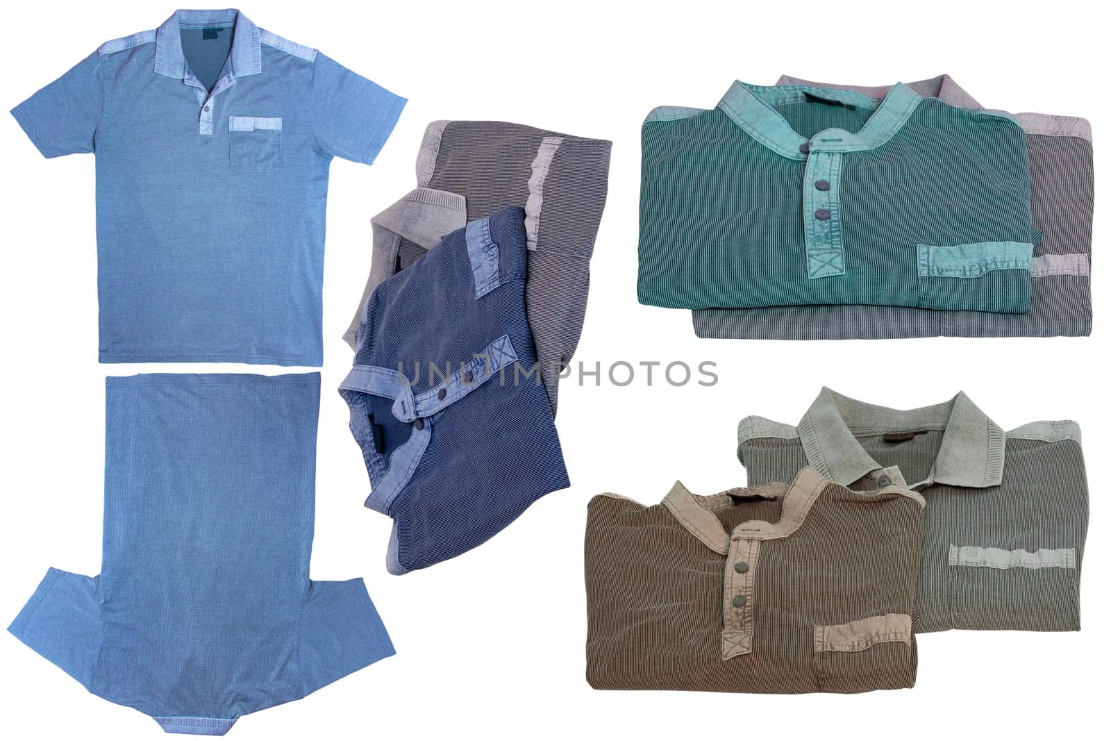 Collage set of denim shirts isolated. Close-up of stylish striped blue jeans shirts and various striped polo shirt for mens. Macro of mens shirt summer fashion.