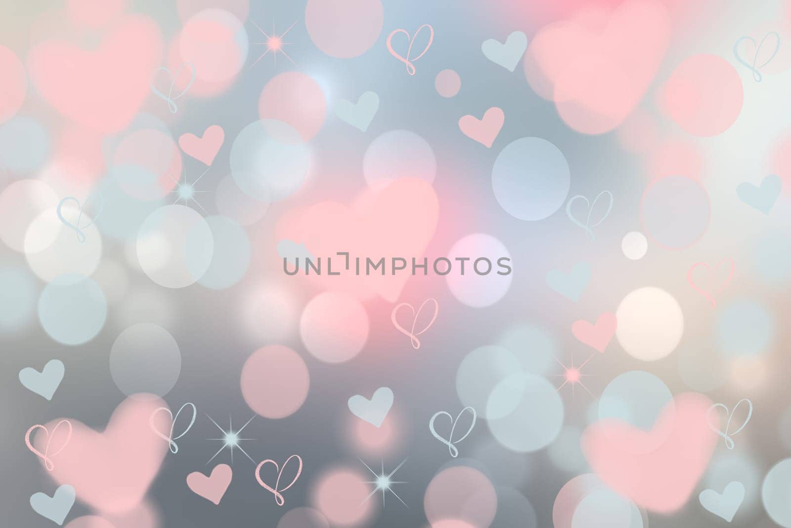 Abstract festive blur bright pink pastel background texture with white pink hearts love bokeh and stars for valentine or wedding card. Space for design. Card concept.