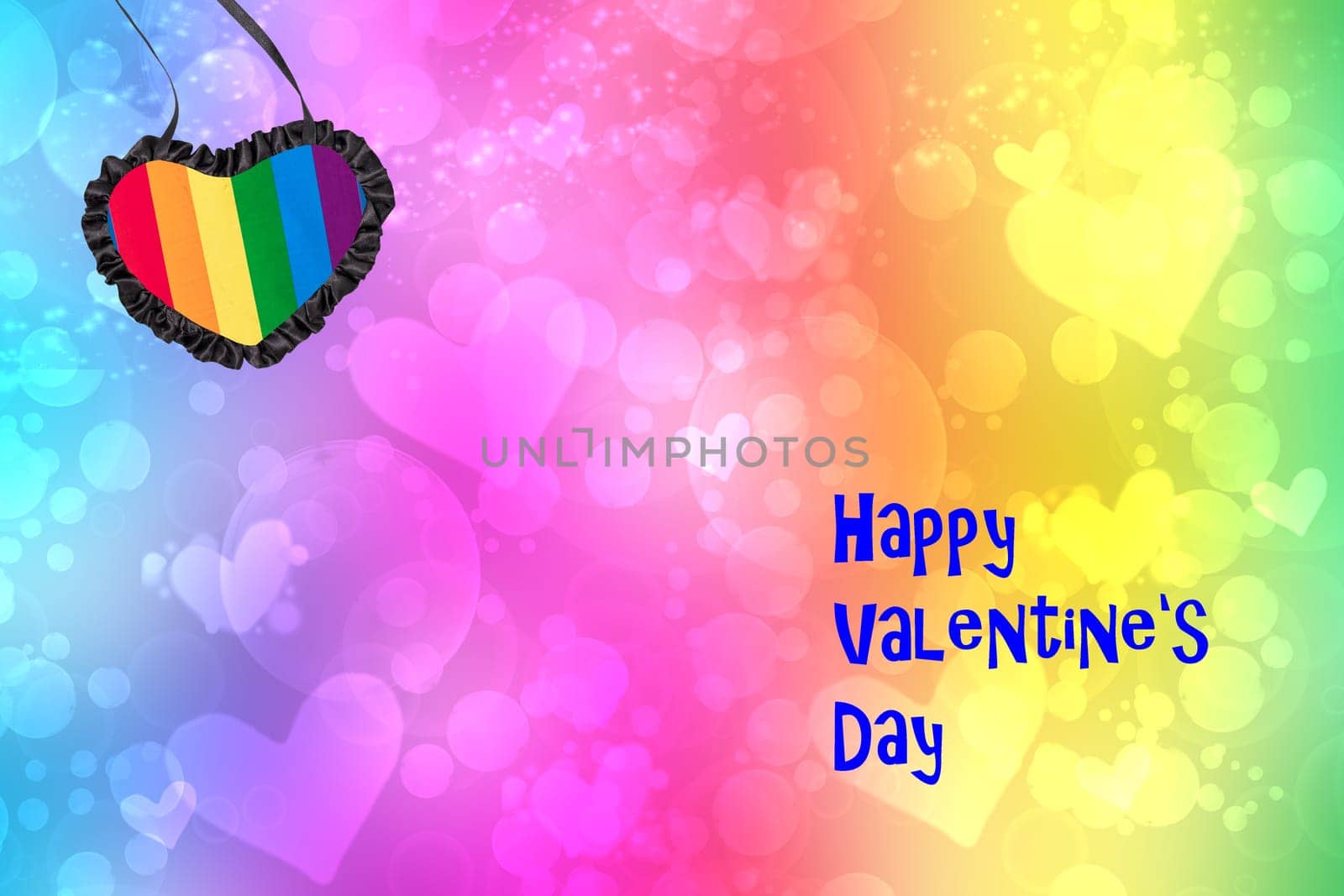 Happy Valentines day card. LGBT Valentines card design with rainbow heart and text on abstract background texture with colorful love bokeh hearts in rainbow colors.