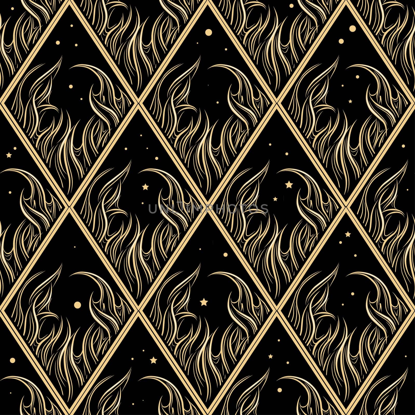 Abstract seamless pattern on a black background. Gold on a black background. Magical atmosphere.