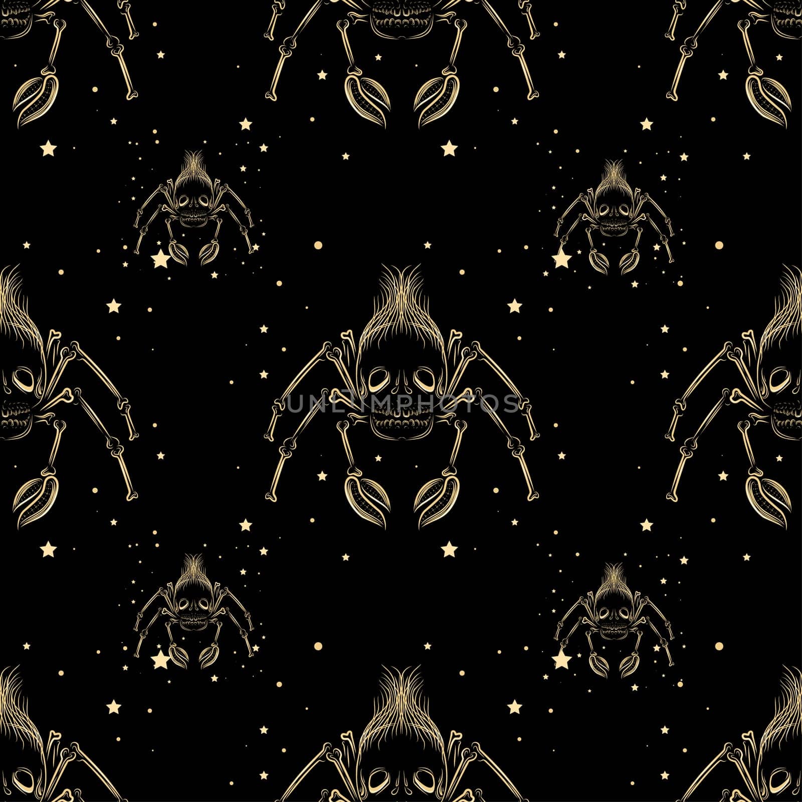 spider seamless pattern on black background. Gold on a black background. Magical atmosphere.