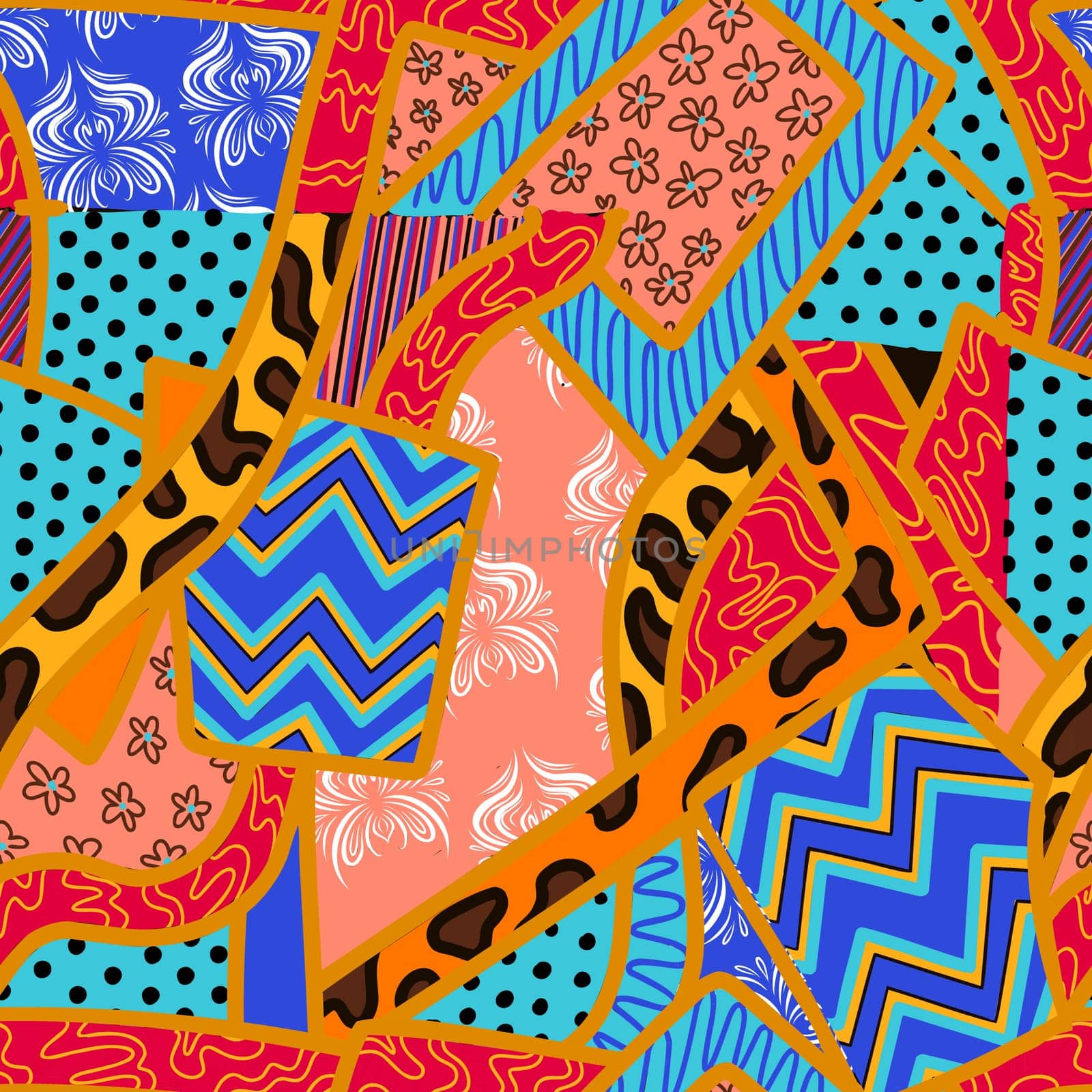 Kintsugi broken pattern. Abstract seamless ornament. Combination of different fabrics. Fashion trendy pattern in patchwork style.