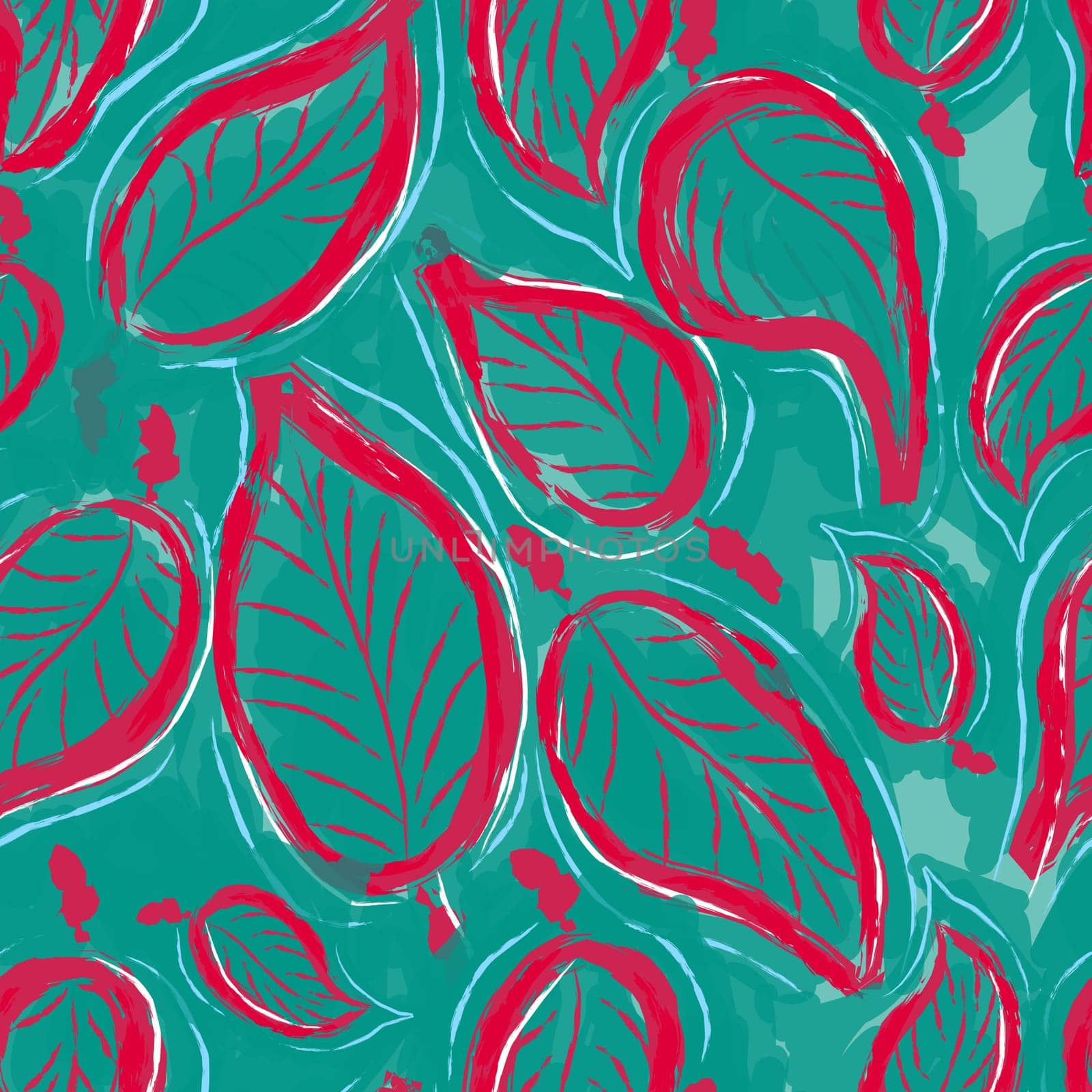 Natural seamless pattern leaves. Ragged magenta leaves. Fashion trendy pattern on a sea wave background.