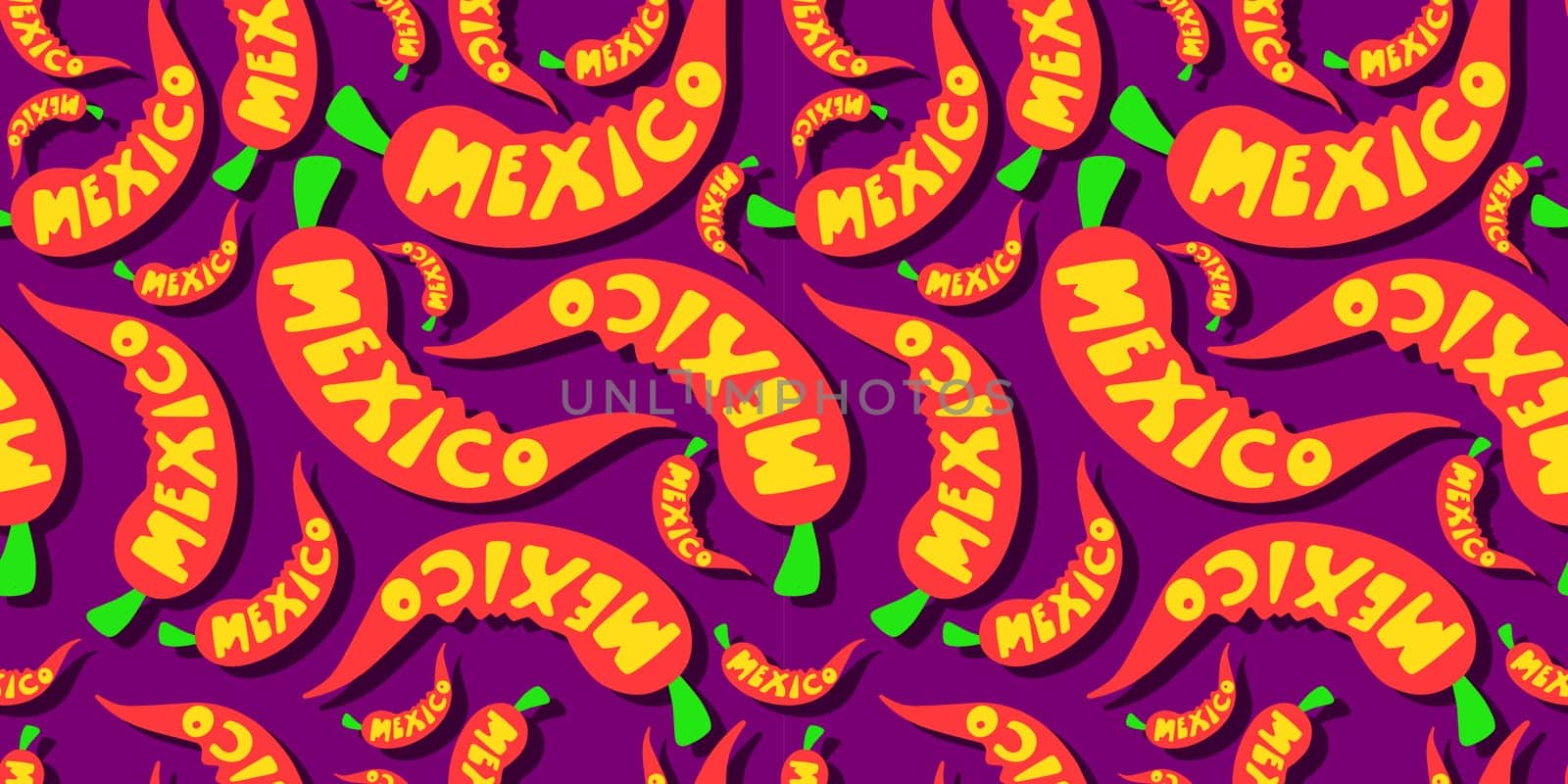 Red hot jalapeno pepper. chili pepper symbol of mexican cuisine. The inscription Mexico on the background of chili peppers. seamless pattern