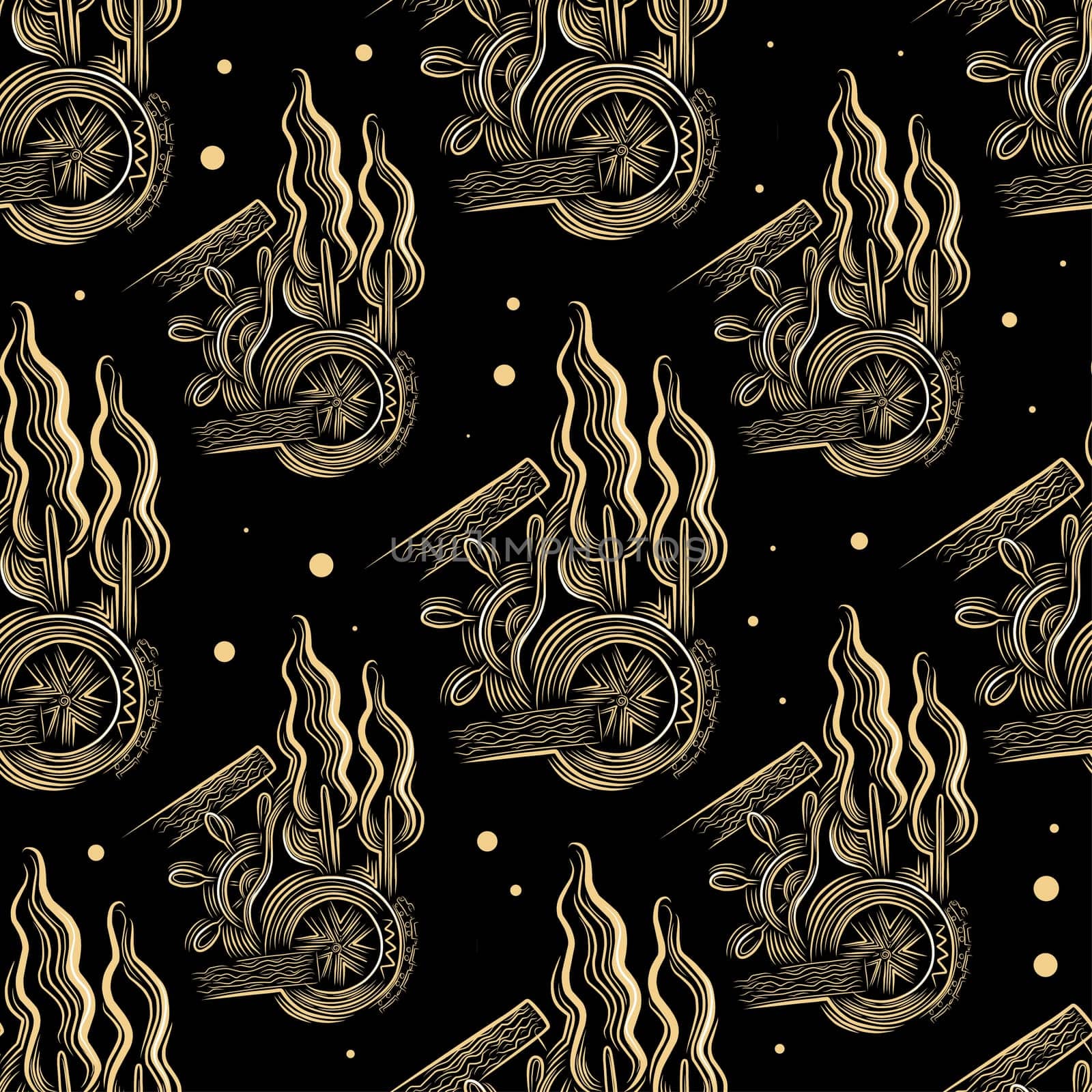 Abstract seamless pattern on a black background. Gold on a black background. Magical atmosphere.