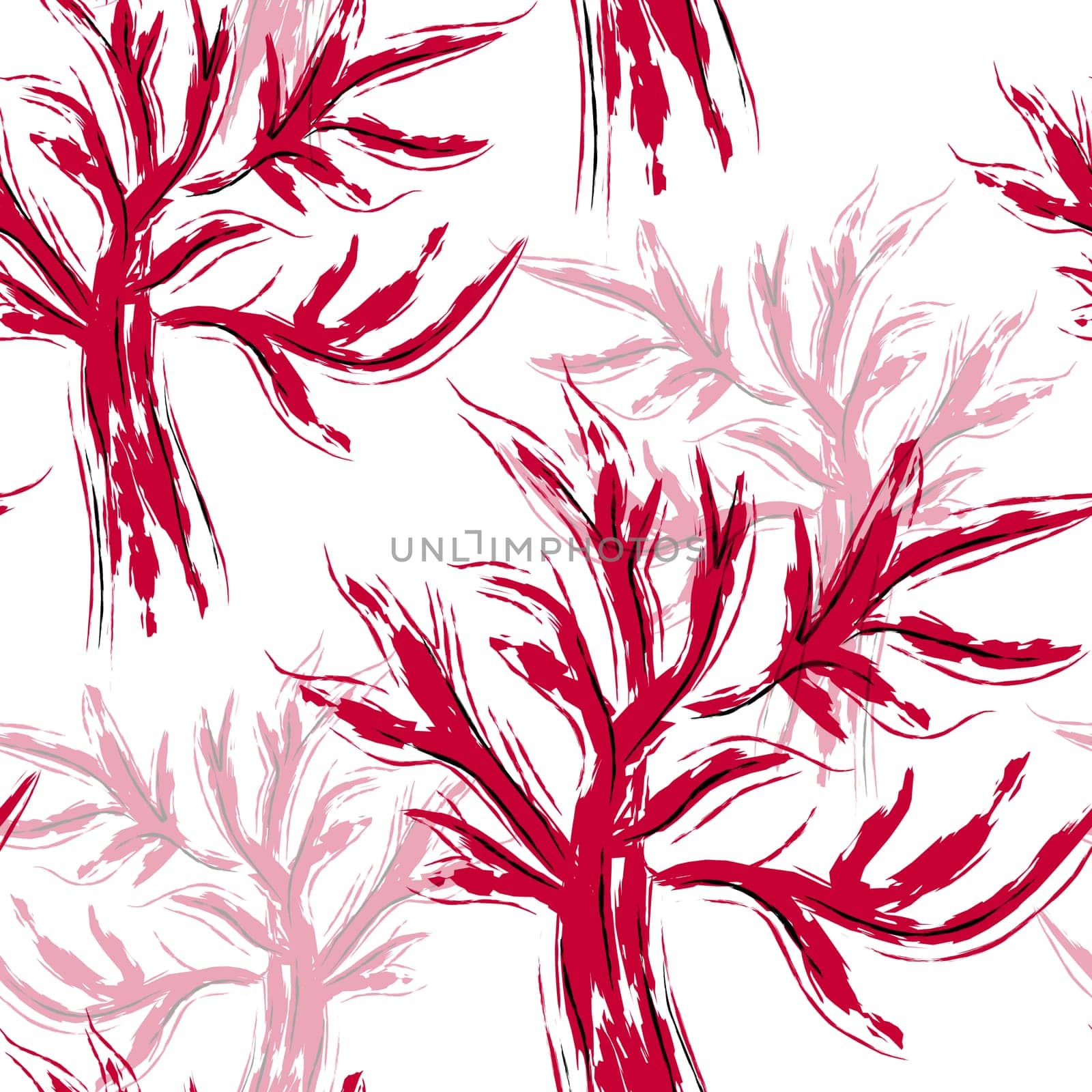 Natural seamless pattern trees. Ragged magenta trees. Fashion trendy pattern in Japanese style.
