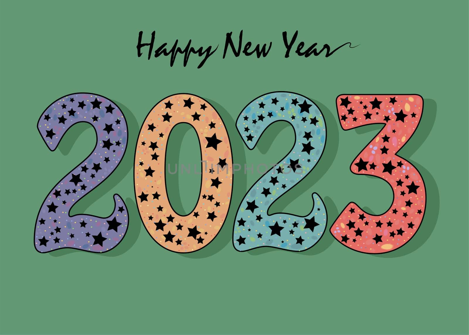 Gothic Happy New Year 2023. Colorful number with black stars decor. Green Background