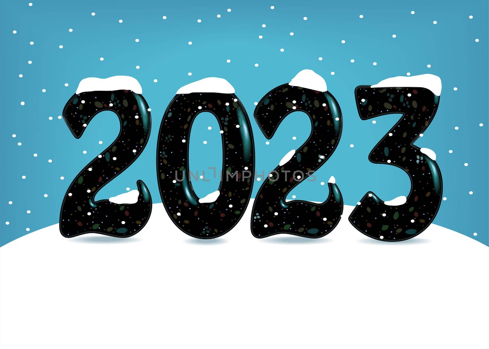 New Year 2023. Black voluminous vigilant number 2023 with sparks on the big white snowdrift. Blue background as a sky with snowfall. Place for custom text. New Year Card.