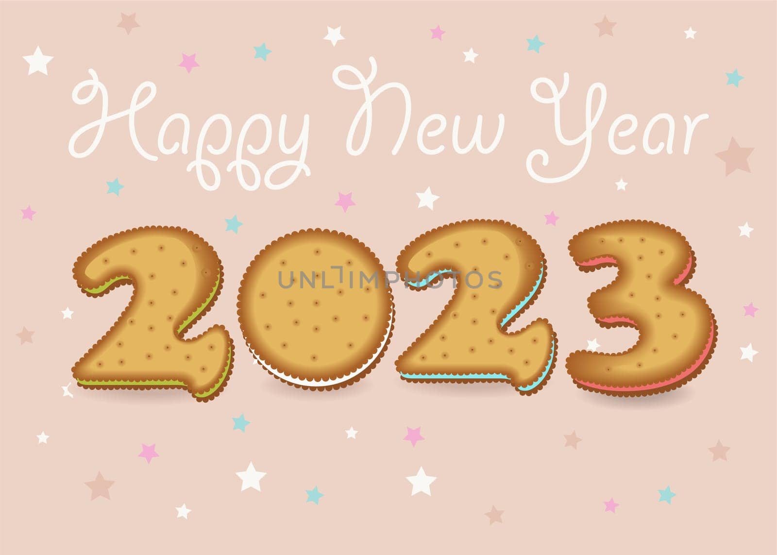 Cookies Happy New Year 2023. Pink Background with Stars. White Cream Inscription
