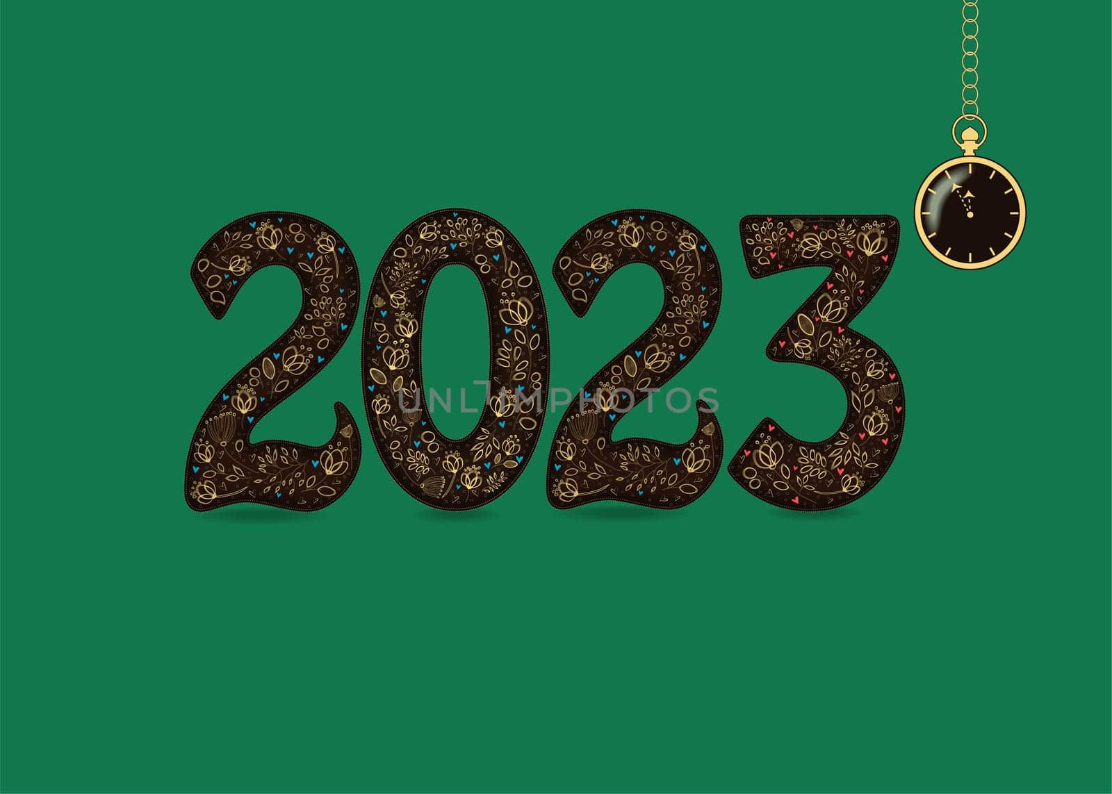 New year's retro greeting card. Artistic number 2023 with golden floral decor - graceful flowers and hearts. Place for custom text. Pocket golden watch shows five to twelve o'clock. Green background.