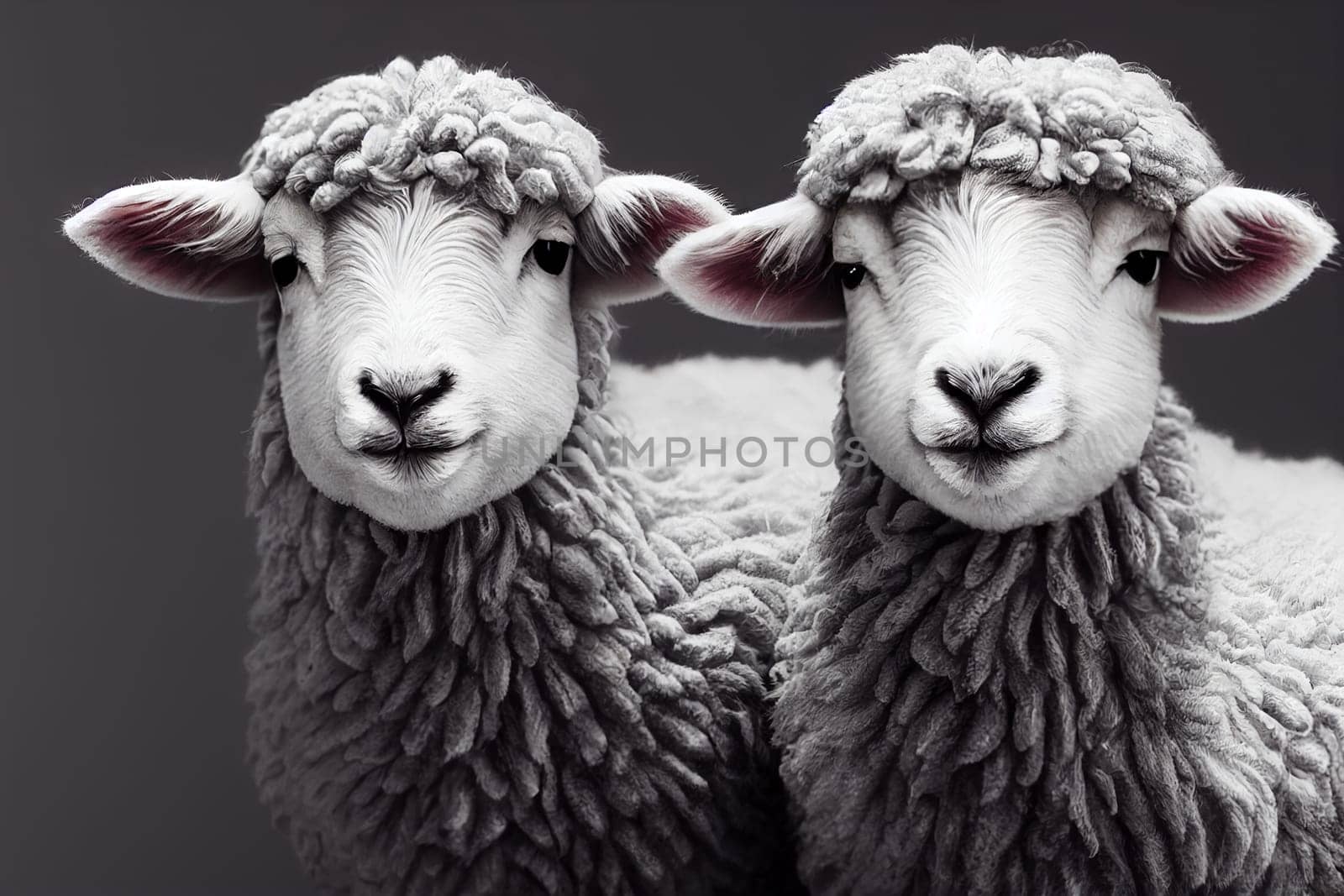 Two cute sheep, funny portrait of animal, livestock farm, generative ai