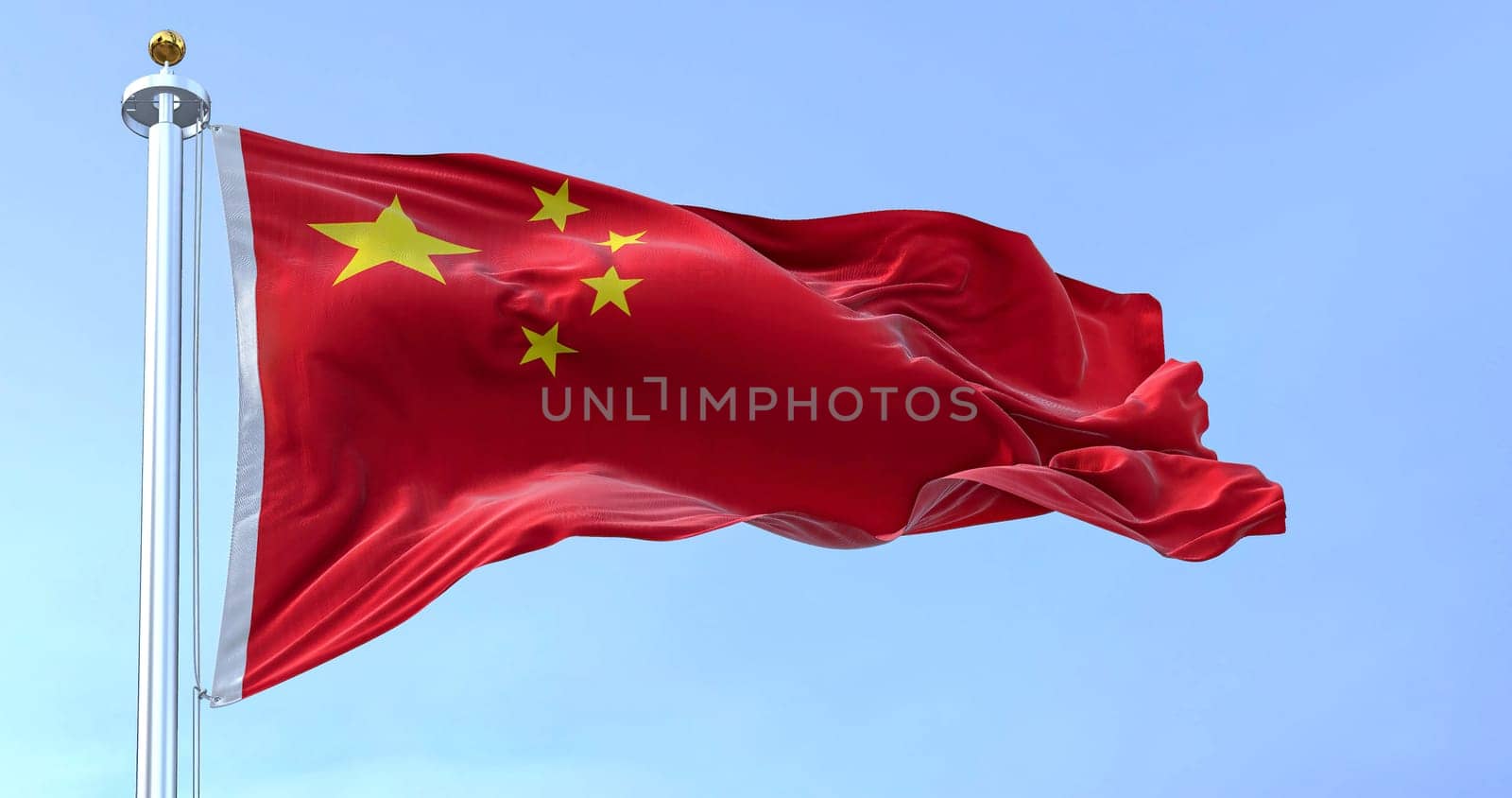 Close-up view of the China national flag waving on a clear day. People's Republic of China is a country in East Asia. Realistic 3D illustration