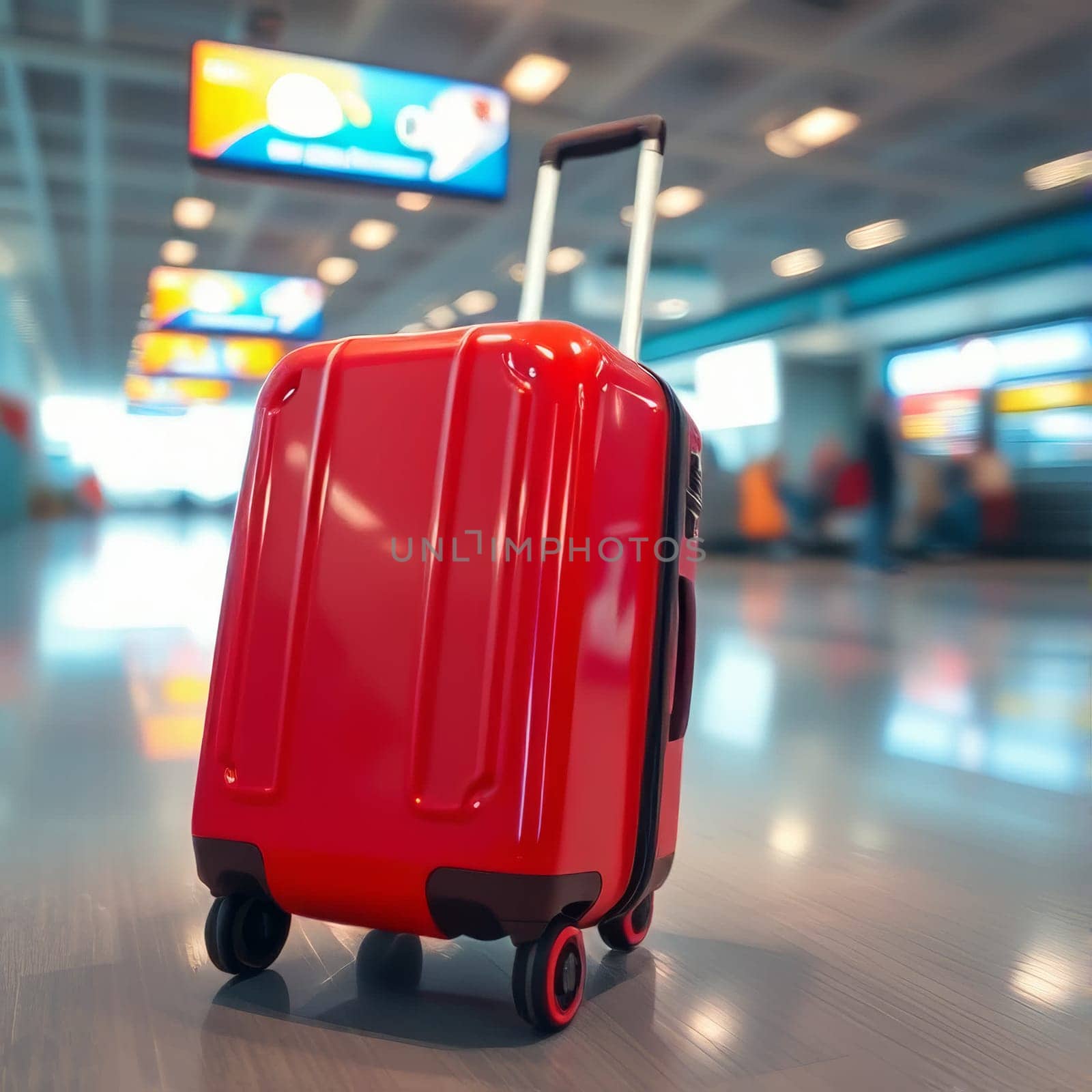 Red suitcase in the airport building. High quality photo
