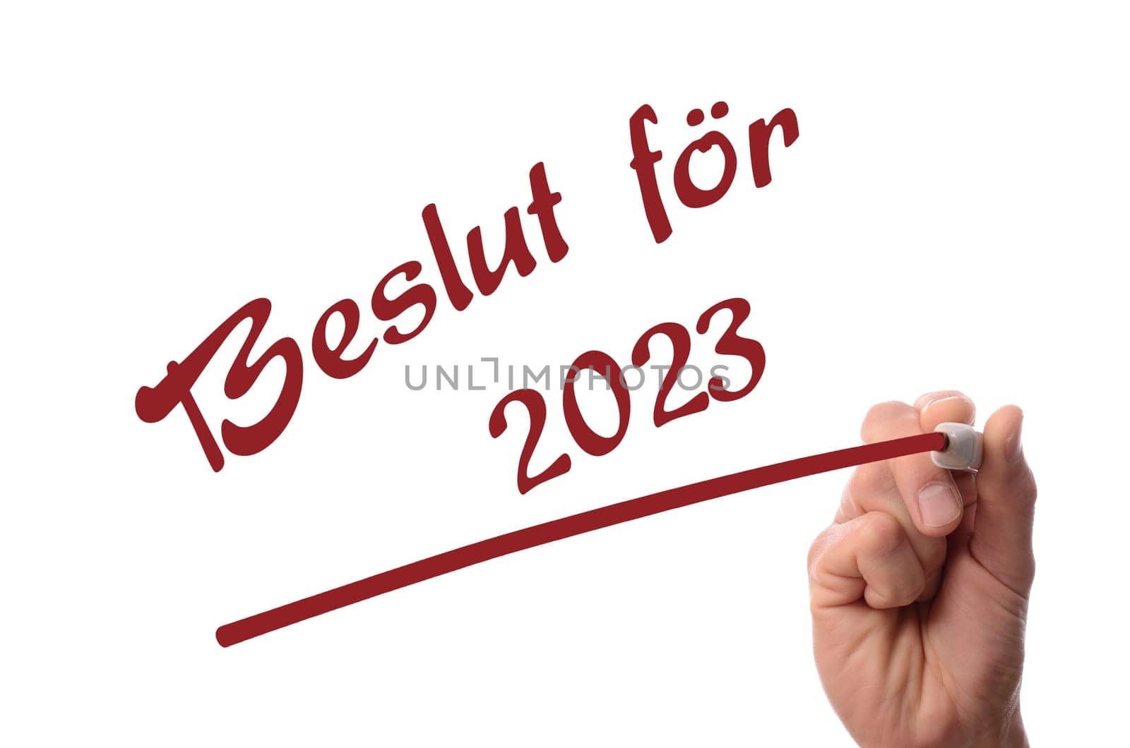 Hand writing with red pen on glass, Beslut för 2023, Swedish inscription Resolutions for 2023, business concept