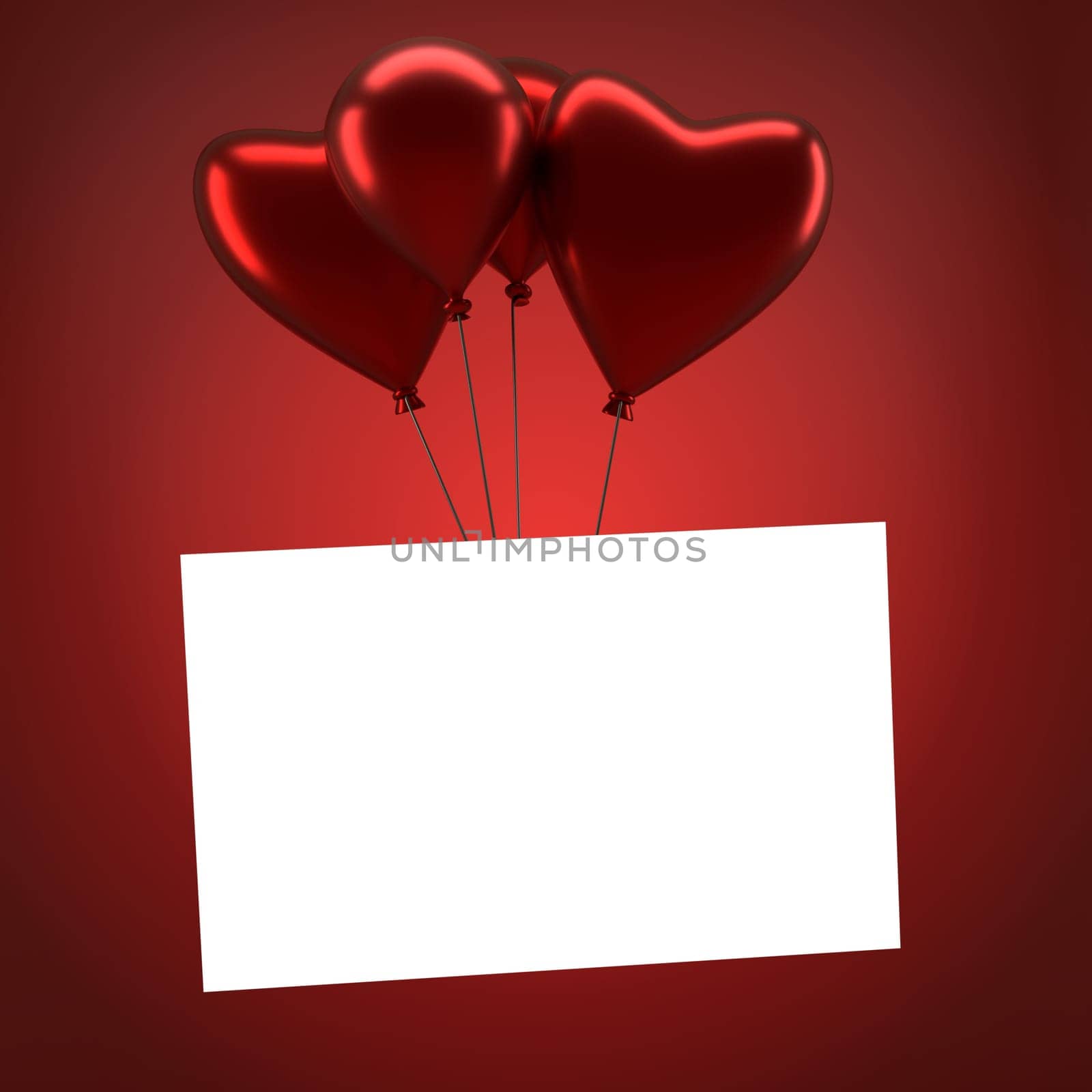 Four shiny balloons with a blank card on a red gradient background, 3d rendering