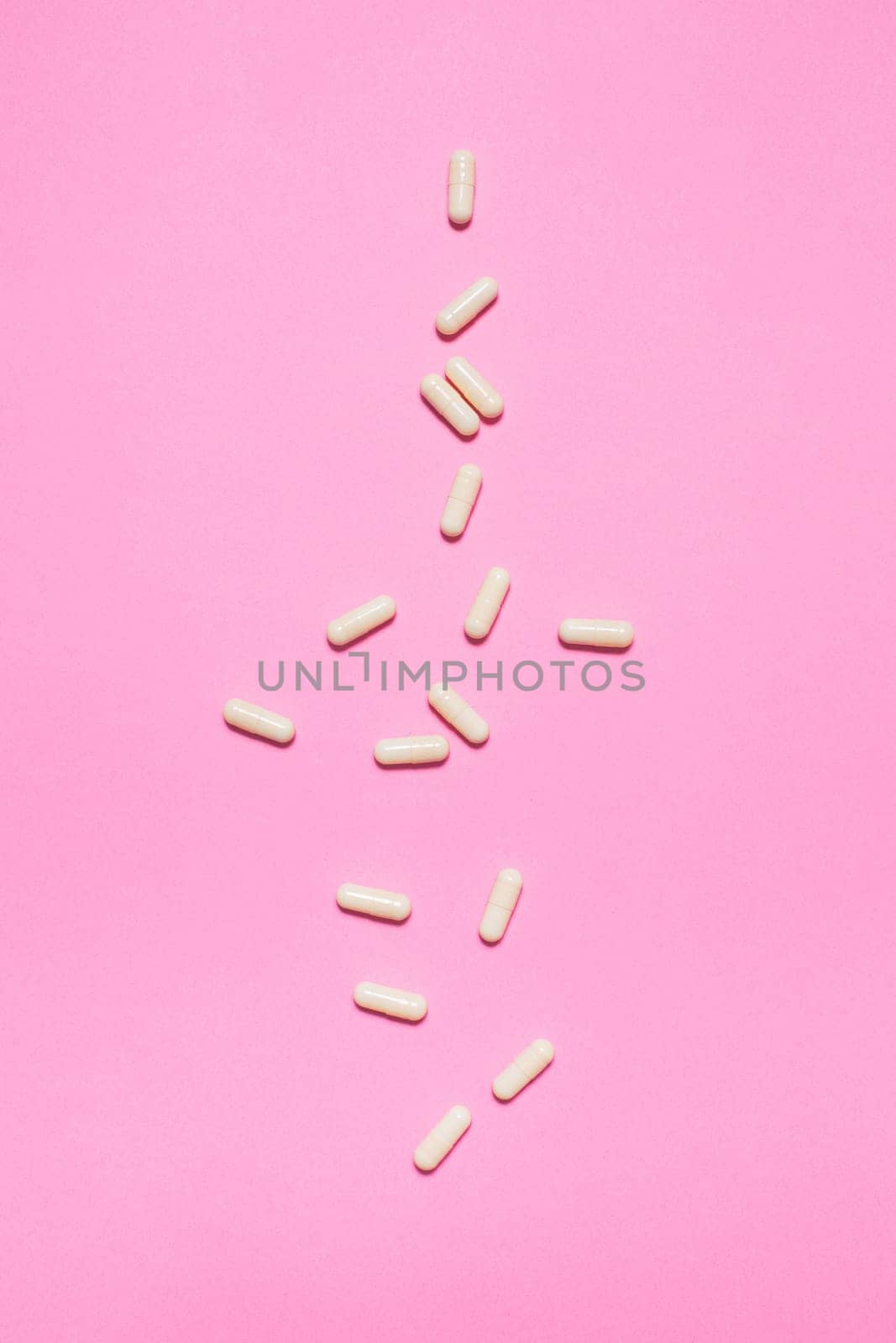 Medicine debate concept. Biotechnology banner with pills. Copy space for text. flatlay.