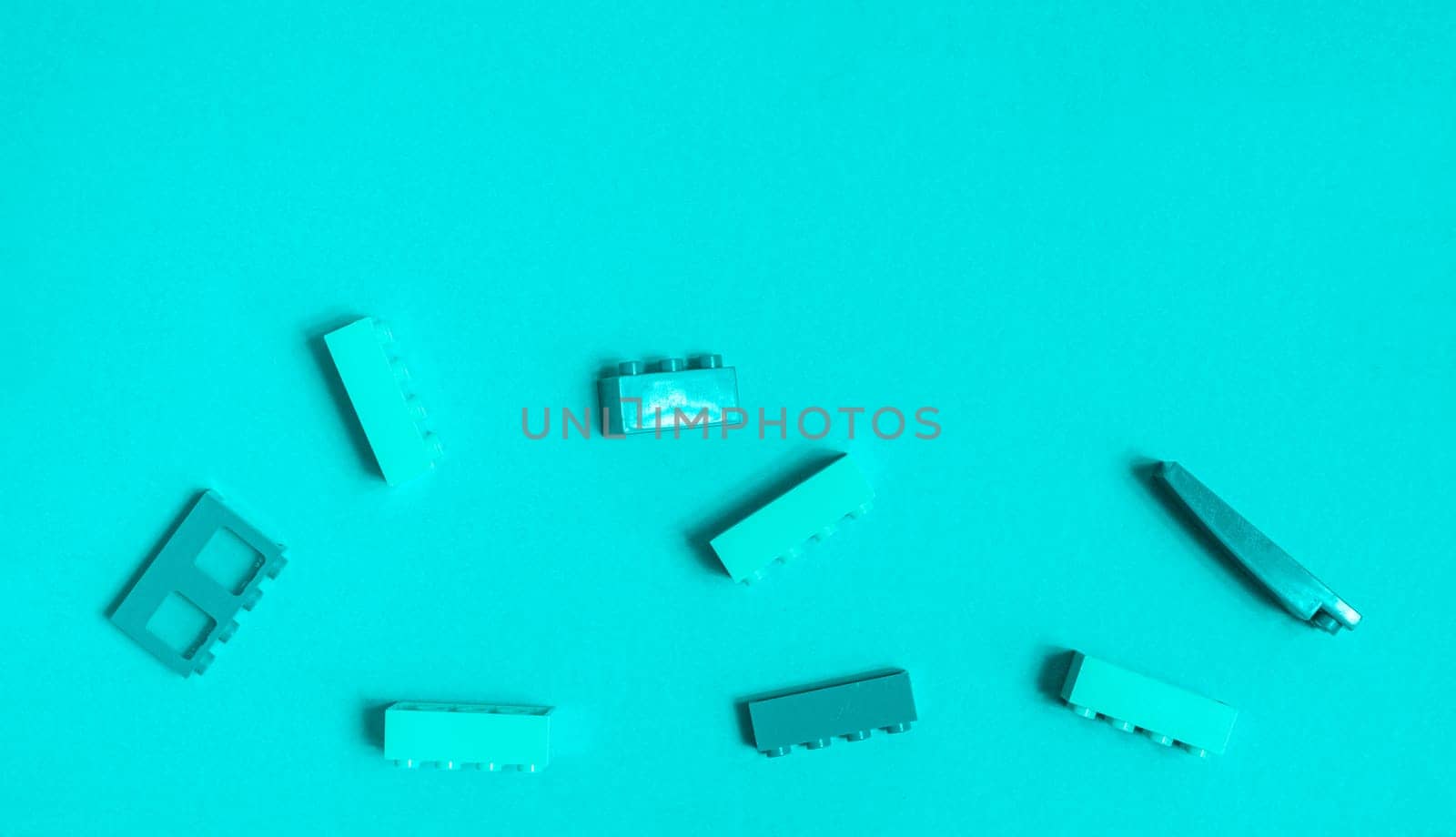 Conceptual banner with constructions. Top view, flat lay. Copy space for text.