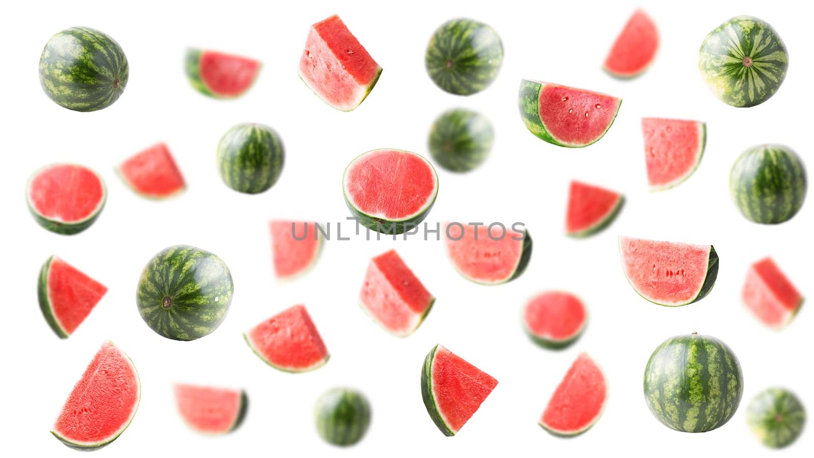 Creative levitation seamless pattern with many ripe whole and sliced watermelon. Selective focus.