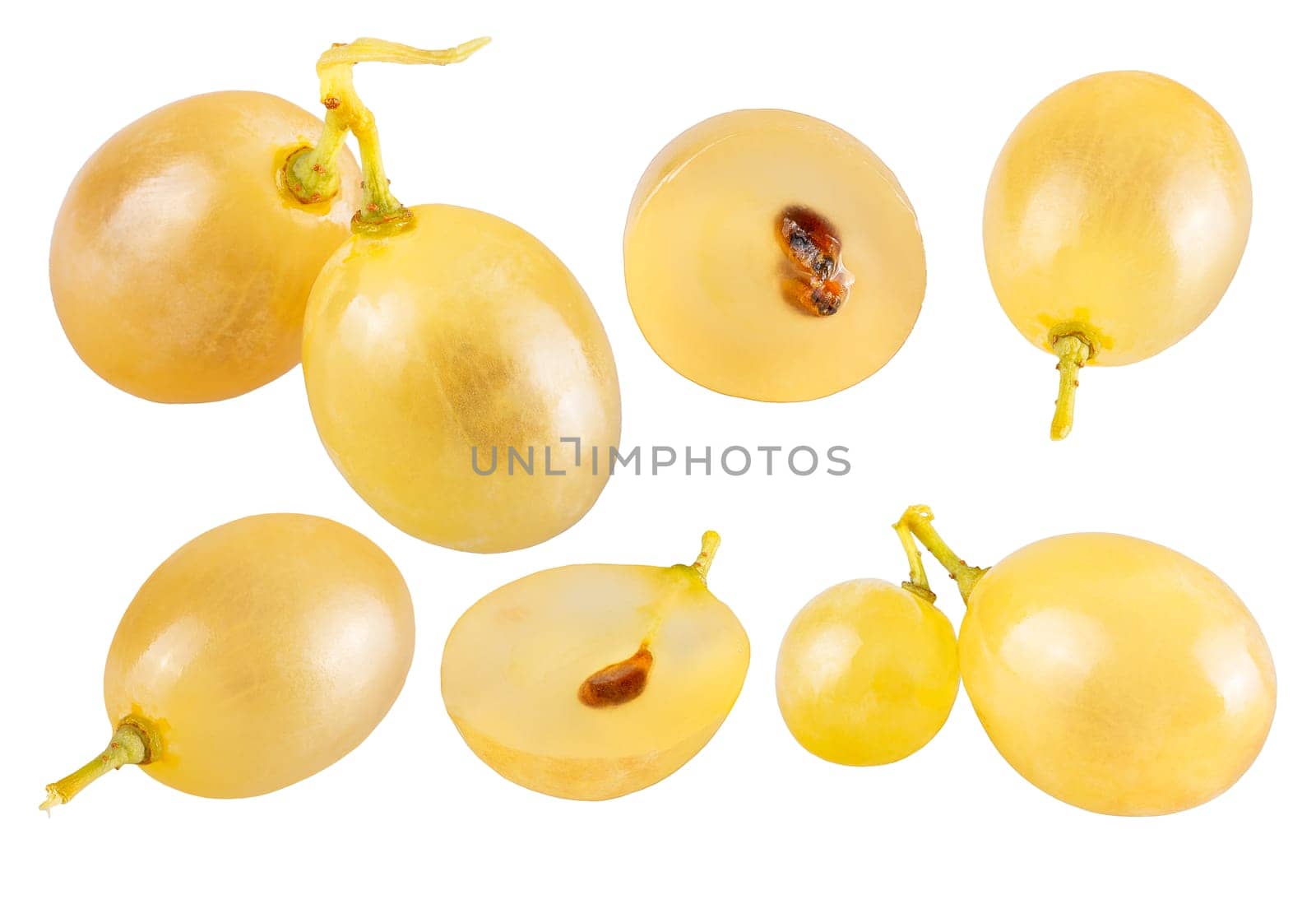 Isolated fruits. Collection of six whole and sliced grapes isolated on white with clipping path as package design element and advertising. Full depth of field.