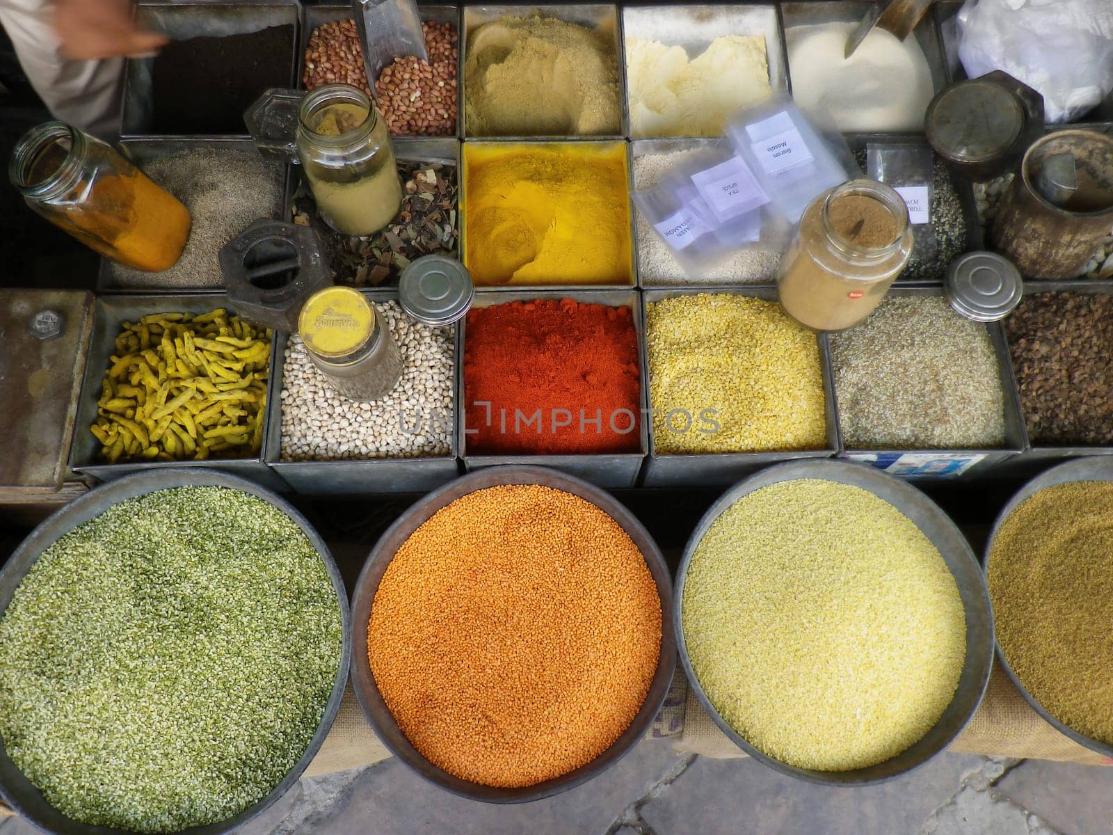 Spices and herbs background. Condiments on the table