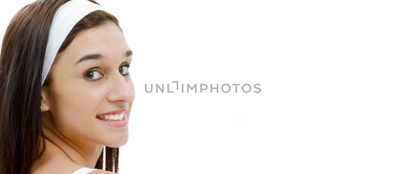 a portrait of smiling young brunette on white