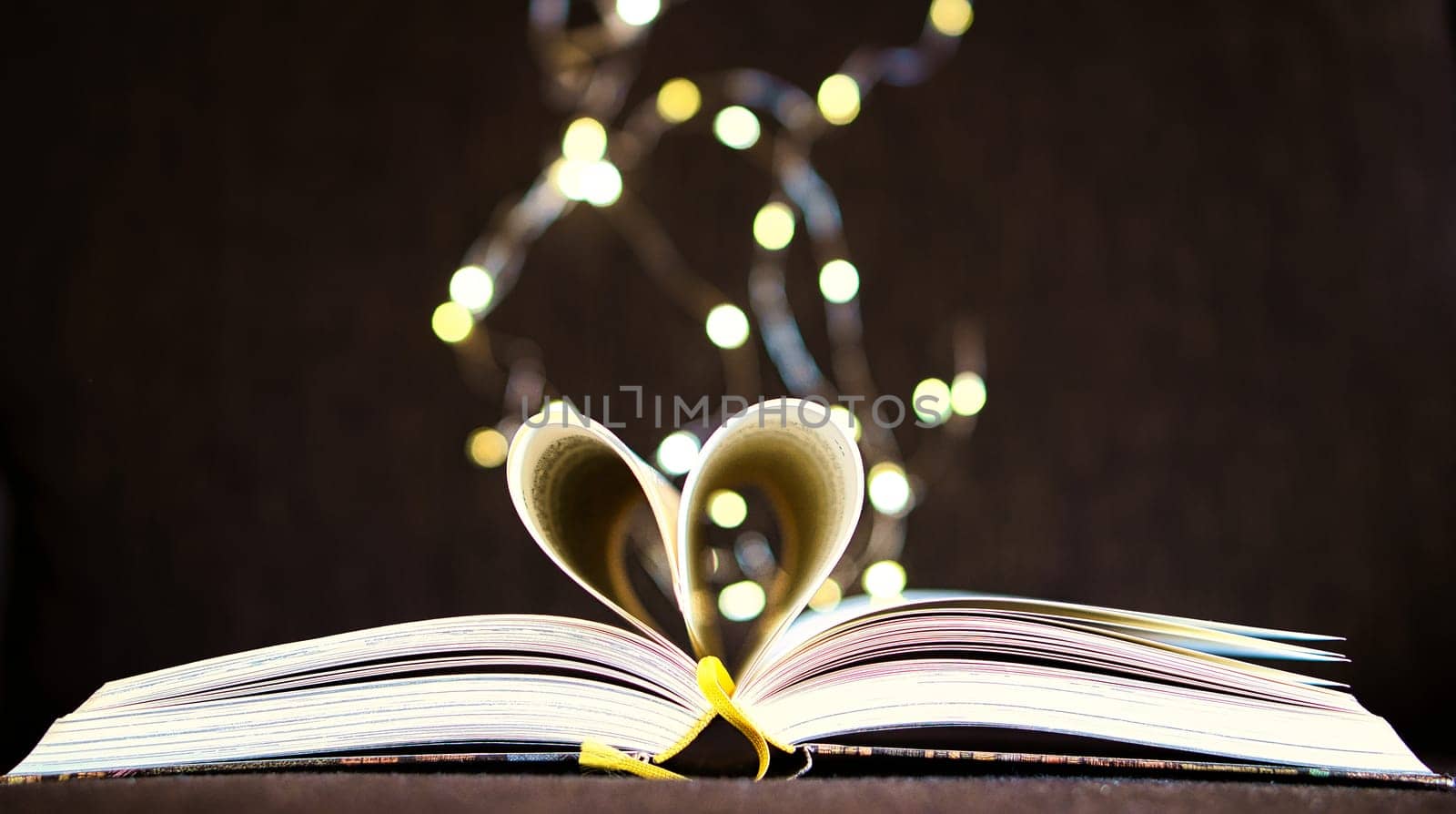 opened buck with sides that are beaten to the heart. Light spot by fairy lights in background with soft bokeh. Love novel for romance.