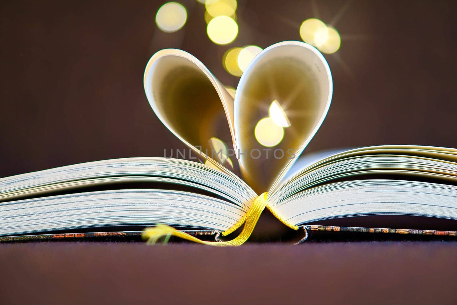 opened buck with sides that are beaten to the heart. Light spot by fairy lights in background with soft bokeh. Love novel for romance.