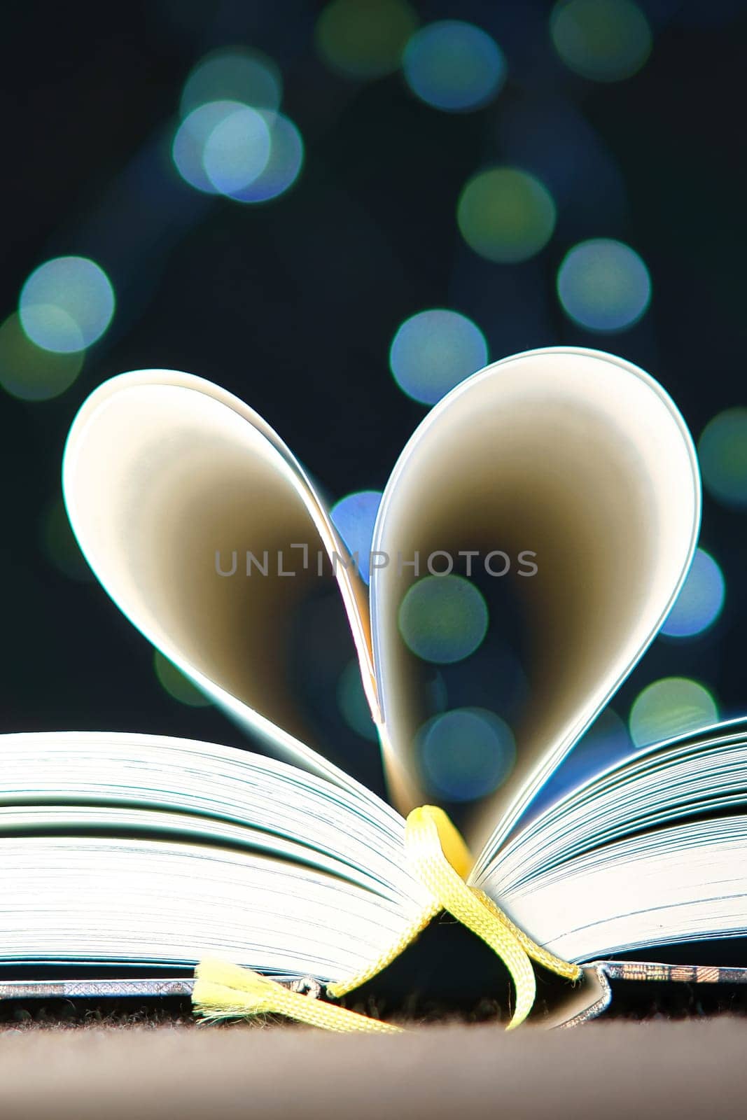 opened buck with sides that are beaten to the heart. Light spot by fairy lights in background with soft bokeh. Love novel for romance.