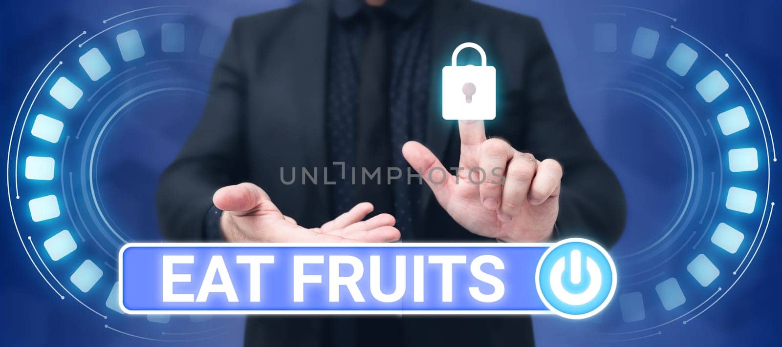 Writing displaying text Eat Fruits, Word for consume any product of plant growth useful to humans or animals