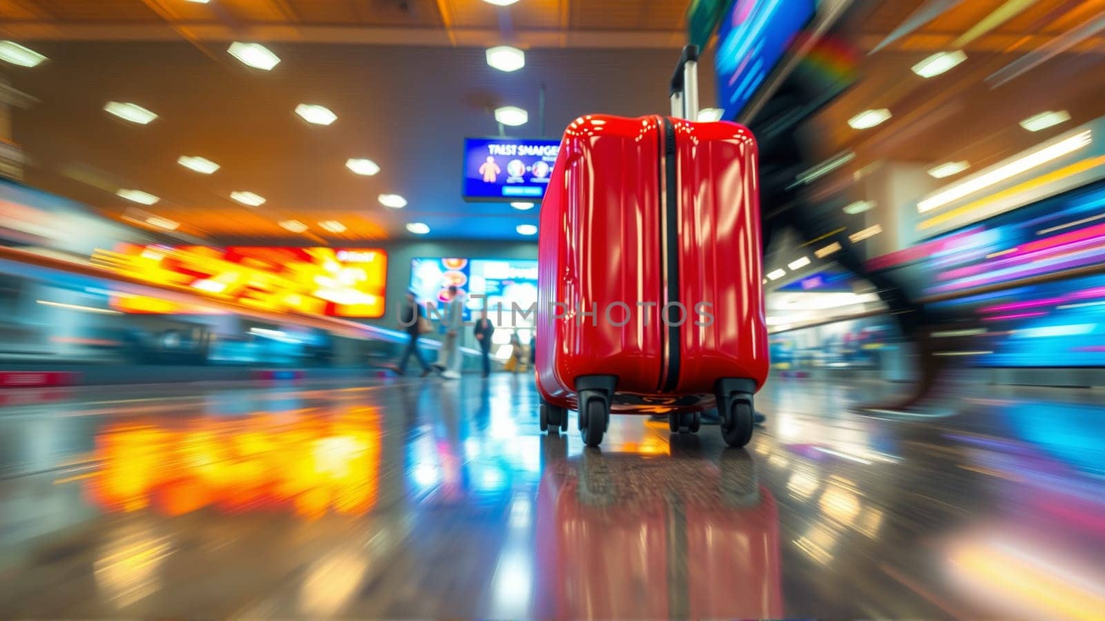 Red suitcase in the airport building. High quality photo