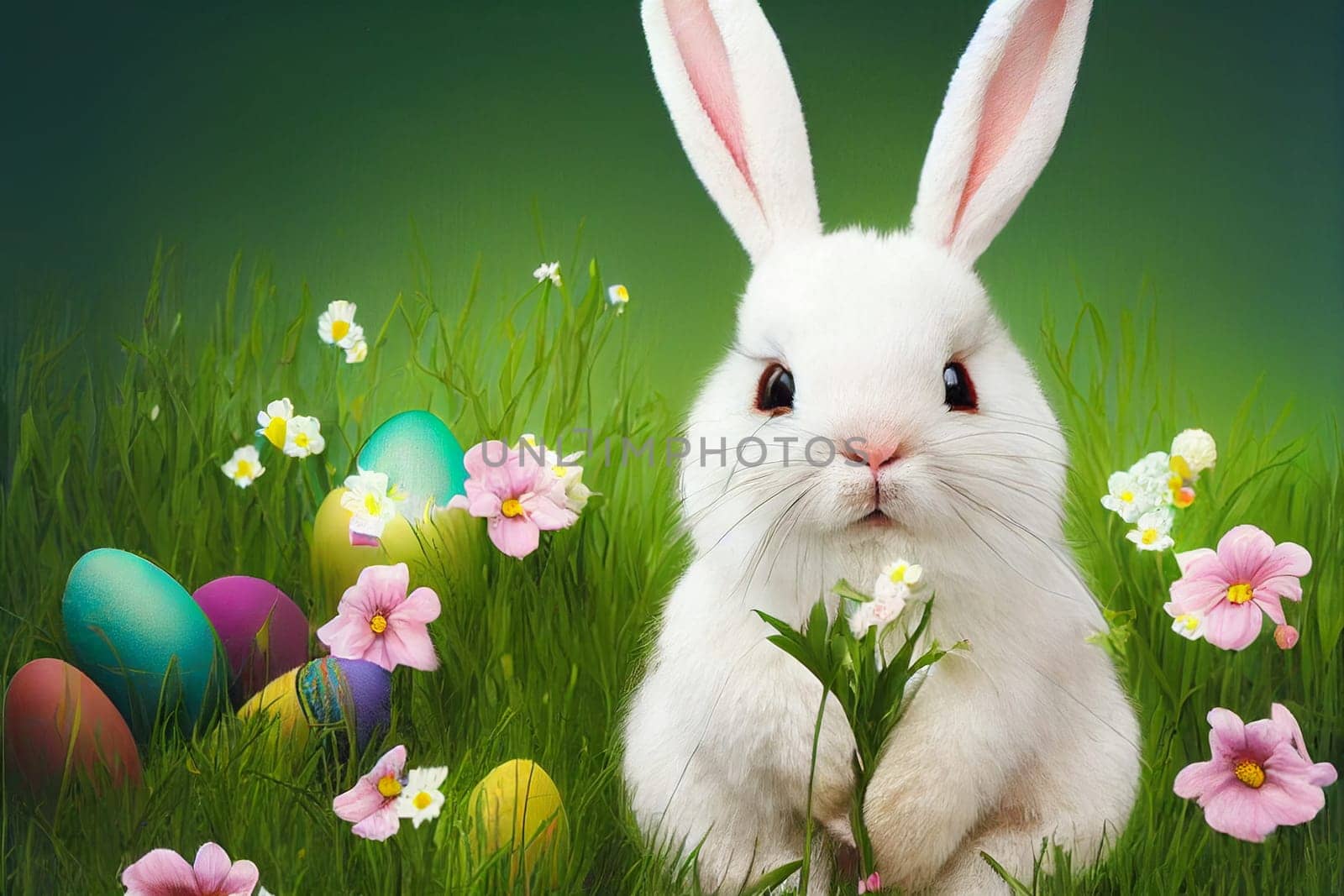 Easter bunny or rabbit, spring meadow with colorful eggs in a basket and flowers, holiday greeting card, generative ai