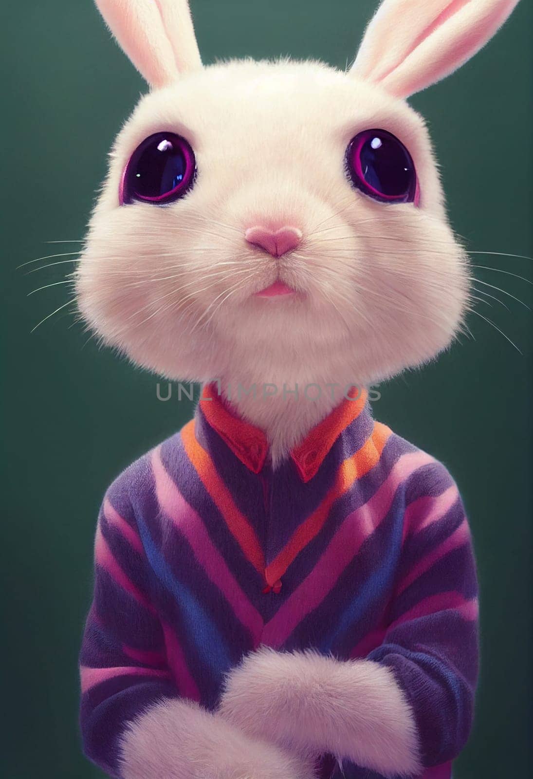Easter bunny or rabbit with crossed arms, looking serious, holiday greeting card, illustration
