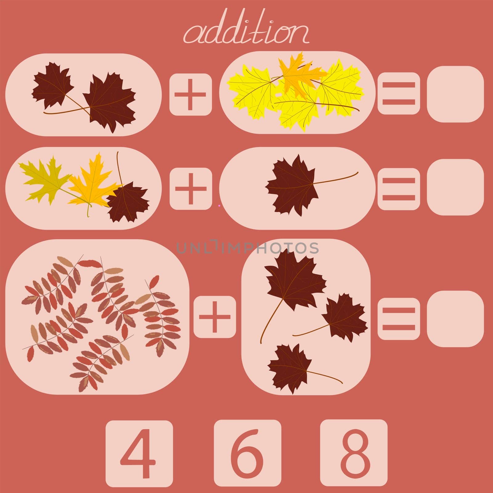 count the autumn leaves in the picture and put the right number in the rebus for children under 6 years old