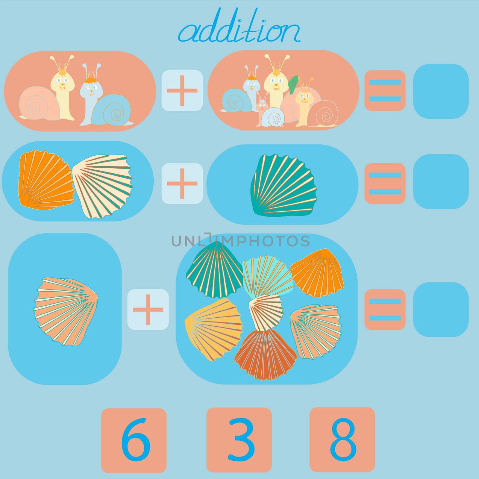 count the snails and shells in the picture and put the right number in the rebus for children under 6 years old