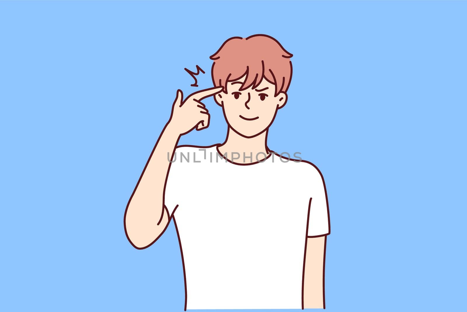 Man touches temple with finger wanting to show presence of idea or important thoughts. Young guy in t-shirt with smile makes gesture of gun by bringing hand to head. Flat vector image