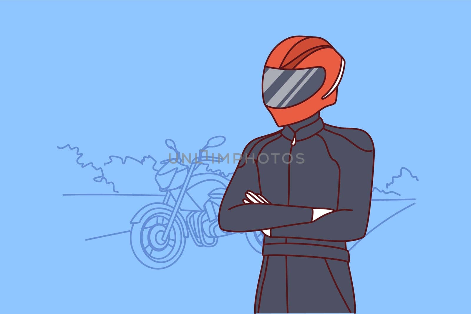 Biker in clothes for professional riding motorcycle and protective helmet covering face and eyes. Human with bike for extreme racing stands on road and looks into distance. Flat vector design