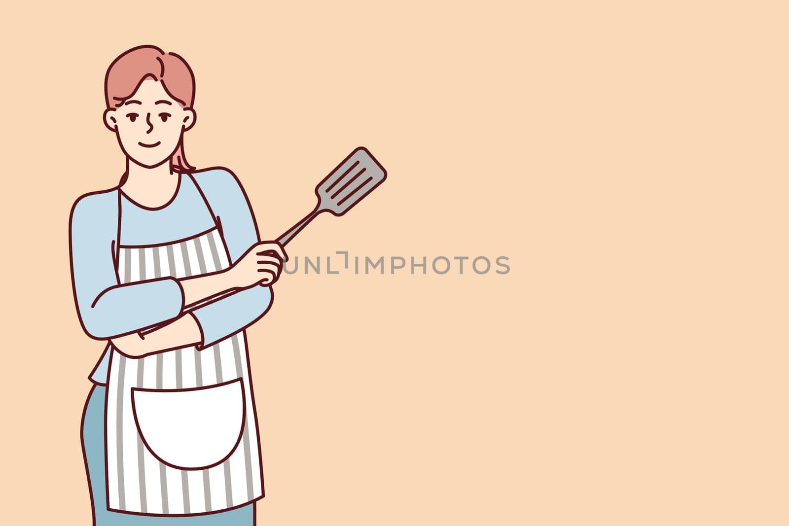 Smiling woman housewife stands with arms crossed in front of chest with spatula for cooking. Lady homemade confectioner or cook posing in striped apron draped over casual clothes. Flat vector image