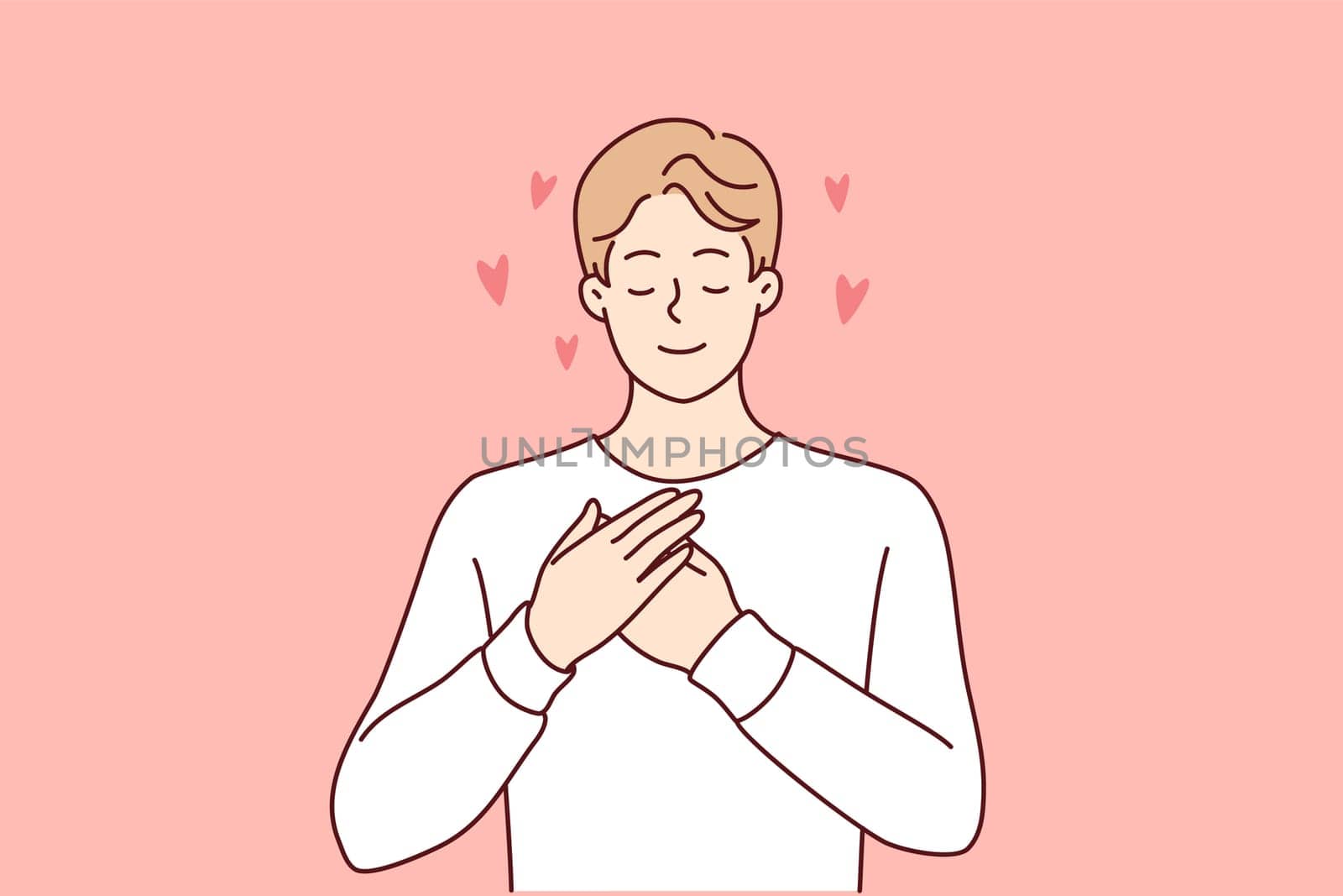 Enamored man puts hands on chest demonstrating romantic mood and closes eyes remembering girlfriend. Good-natured guy makes gesture of mercy calling to be volunteer. Flat vector illustration