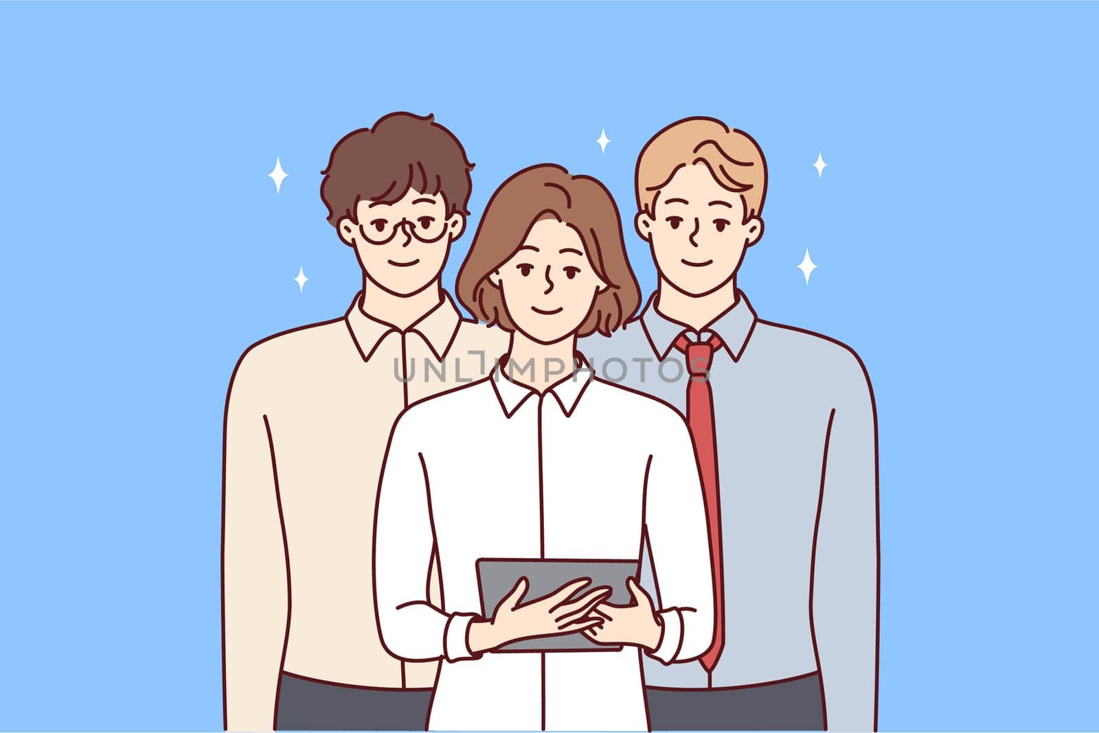 Team young professionals from woman with tablet and two men in business clothes look at screen. Office workers from large company or managers of small startup stand nearby. Flat vector design