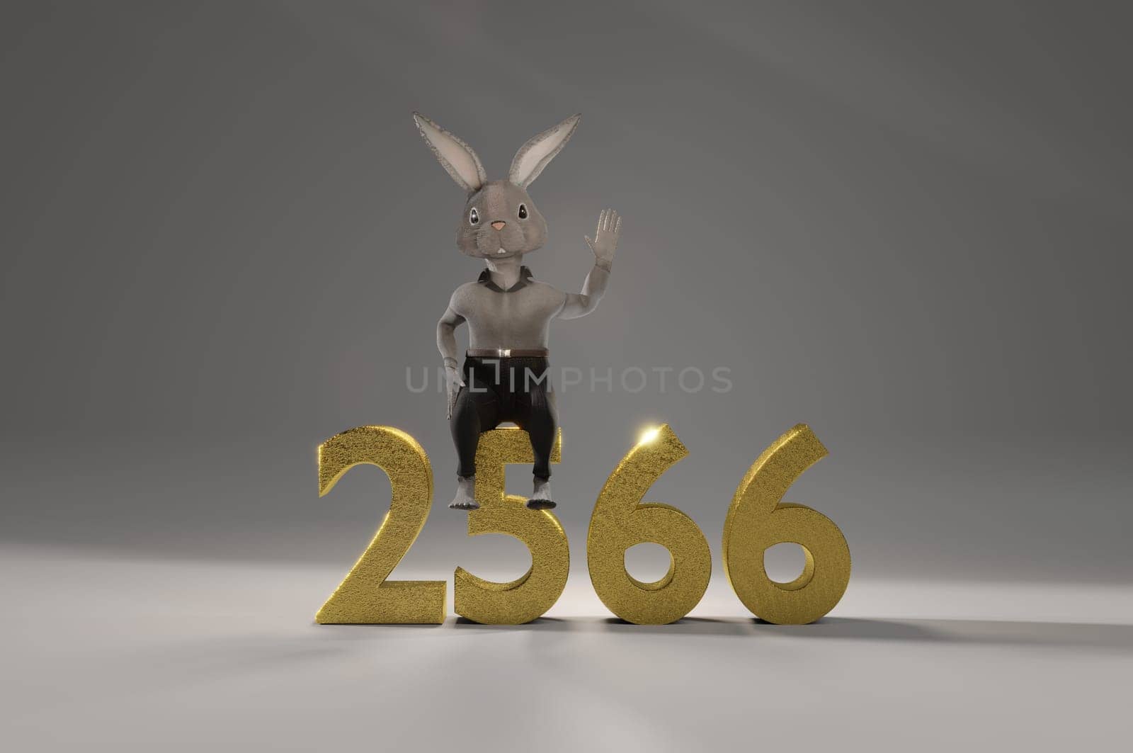 3D Illustration , 3d rendering . Cute rabbit on text 2566 .  concept HAPPY NEW YEAR , EASTER DAY .  transparent background