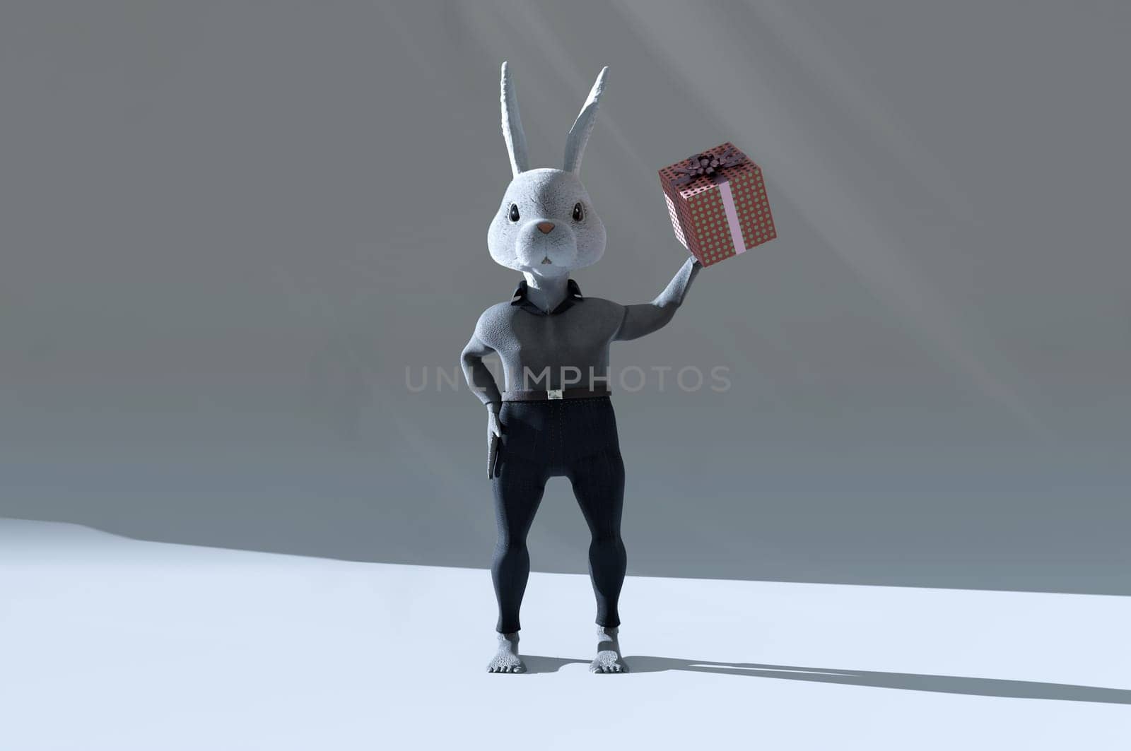 3D Illustration , 3d rendering . Cute rabbit with a gift. concept HAPPY NEW YEAR , EASTER DAY