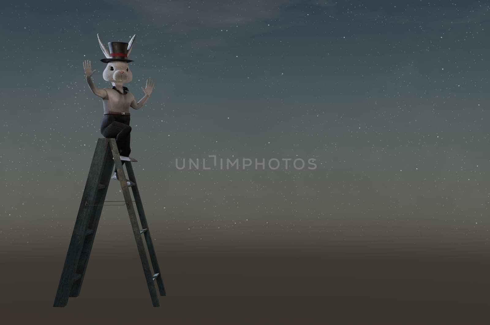 Rabbit  On Step Ladder . concept HAPPY NEW YEAR , EASTER DAY .
