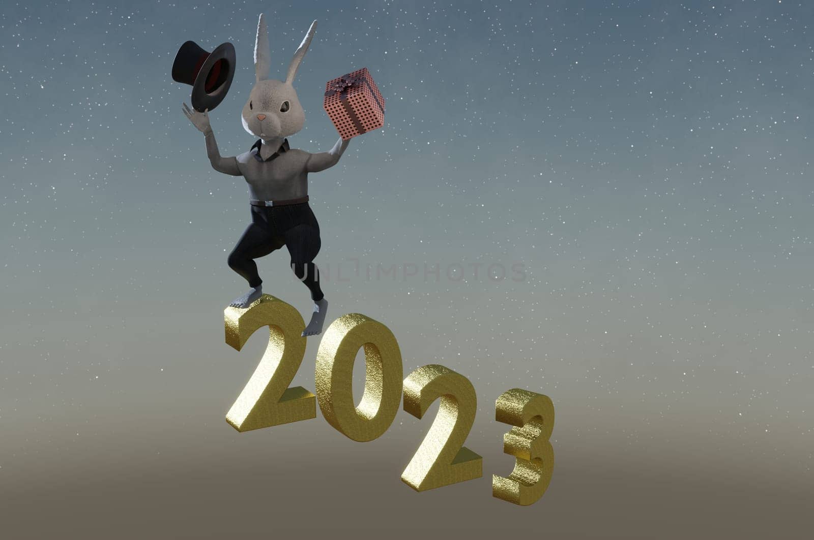 3D Illustration , 3d rendering . Cute rabbit with a gift. concept HAPPY NEW YEAR , EASTER DAY