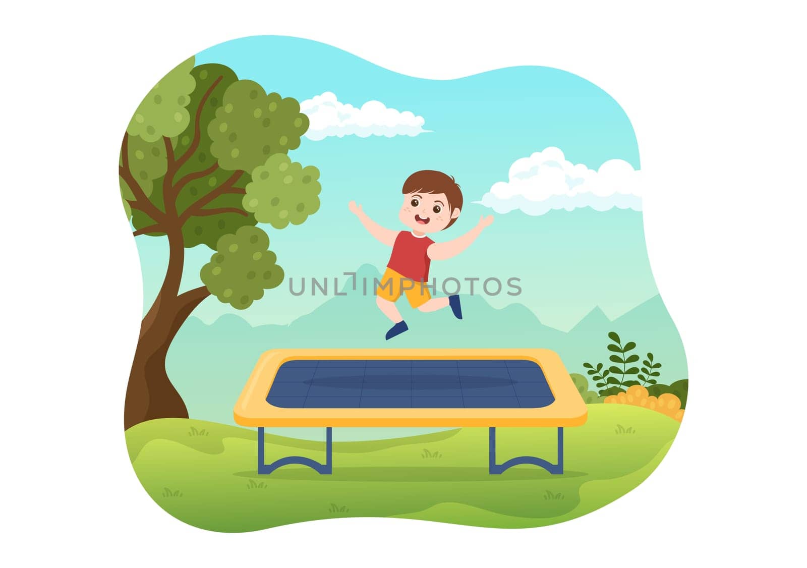Trampoline Illustration with Little Kids Jumping On a Trampolines in Hand Drawn Flat Cartoon Summer Outdoor Activity Background Template