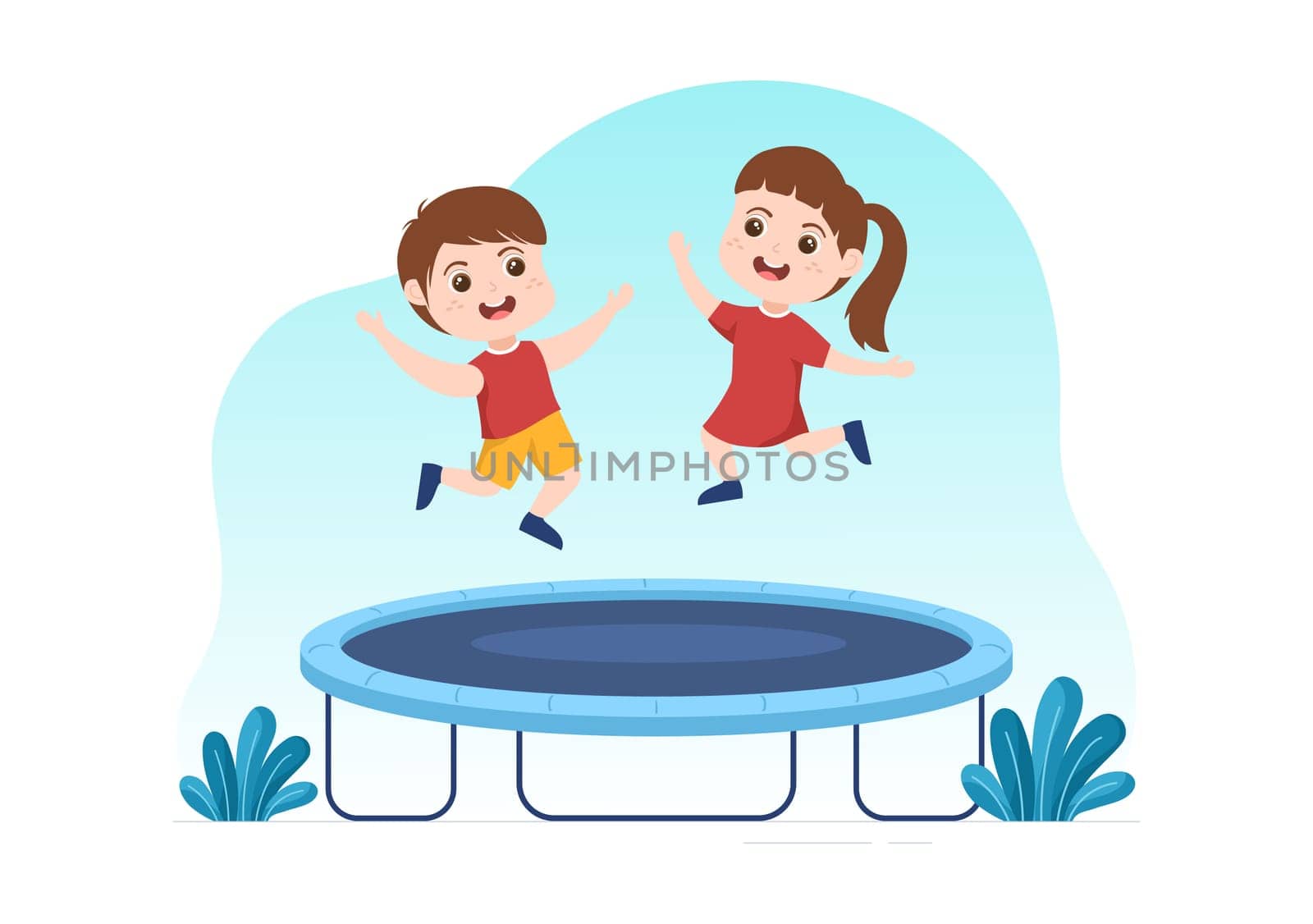 Trampoline Illustration with Little Kids Jumping On a Trampolines in Hand Drawn Flat Cartoon Summer Outdoor Activity Background Template