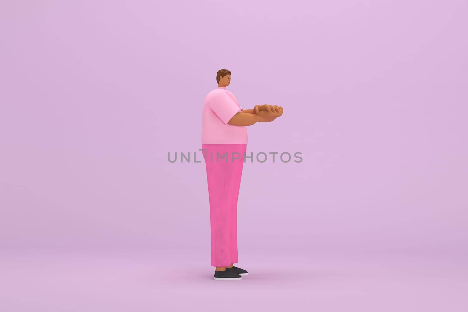 The black man with pink clothes.  He is expression  of body and hand when talking. 3d illustrator of cartoon character in acting.