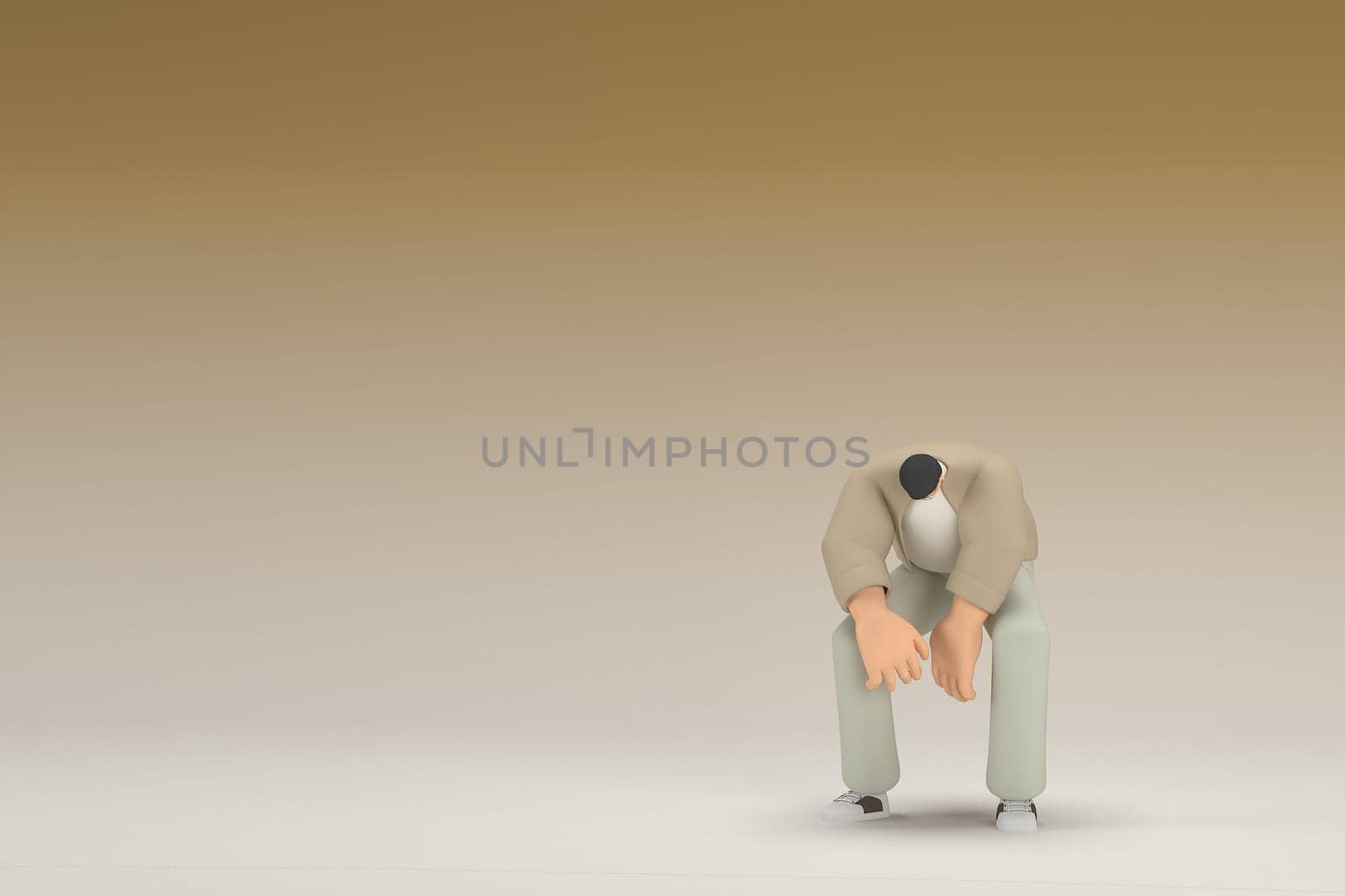 A man with glasses wearing brown cloth.  He is sad or in pain. 3d rendering of cartoon character in acting.