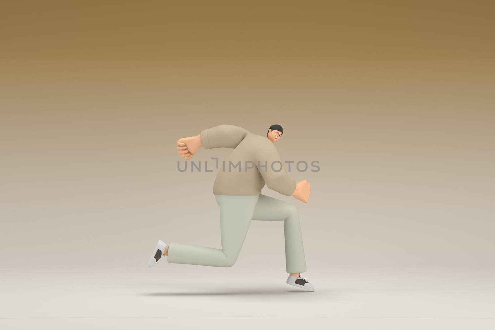 A man with glasses wearing brown cloth is running.  3d rendering of cartoon character in acting.