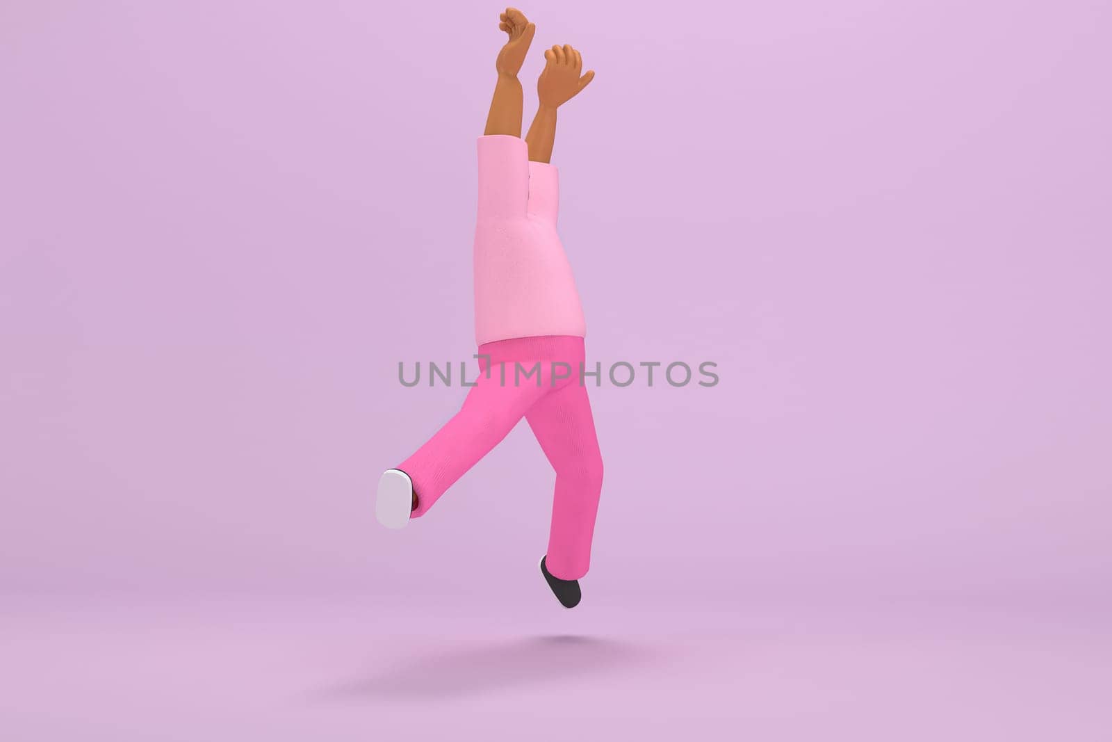 The black man with pink clothes.  He is jumping. 3d rendering of cartoon character in acting.